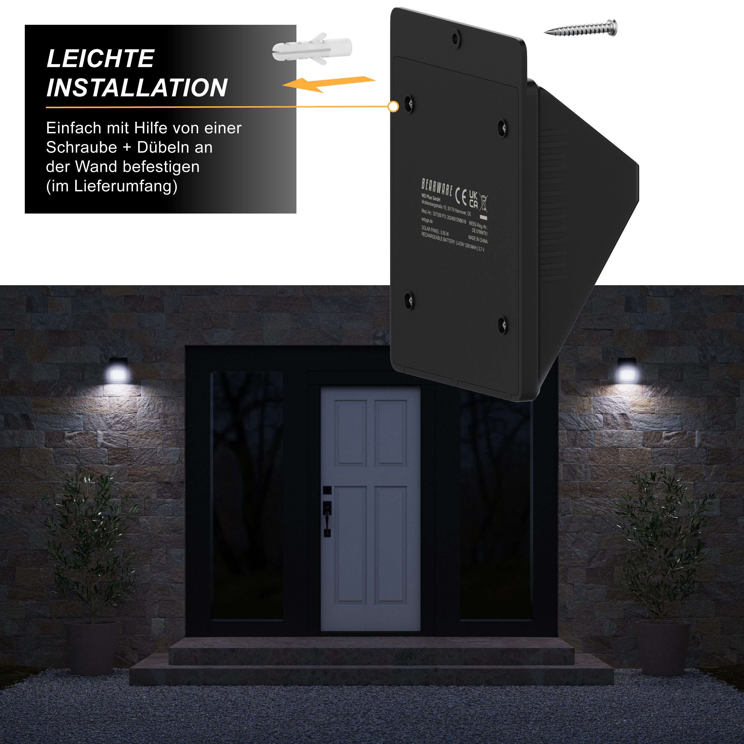 BEARWARE LED Solarleuchte Solarlampe für Außen mit Bewegungsmelder & Akku 1200mAh, IP54, Ein-/Ausschalter, LED fest integriert, Kaltweiß, Wandleuchte, 20 SMD-LEDs, Sensor Reichweite bis 5m, 250 Lumen, 6500K