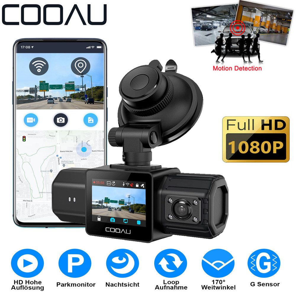 COOAU DashCam 2.5K/1080P Vorne Innen Autokamera DVR Recorder Camera Mit SD Dashcam (HD, WLAN (Wi-Fi), Dashcam für Autos 170 ° Weitwinkel,Loop-Aufnahm,Super IR Nachtsicht, G-Sensor,APP-Verbindung,Unfallsperre,GPS,WDR & 24*7-Parkmonitor)