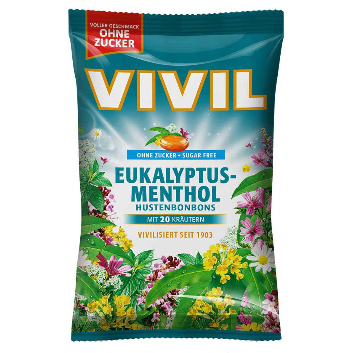 VIVIL Süßigkeit, Vivil Eukalyptus Menthol Halsbonbons mit 20 Kräutern zuckerfrei 120g