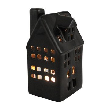 Dekohelden24 Teelichthalter Windlichthaus / Lichthaus aus Porzellan in schwarz, versch. Größen (1 St)