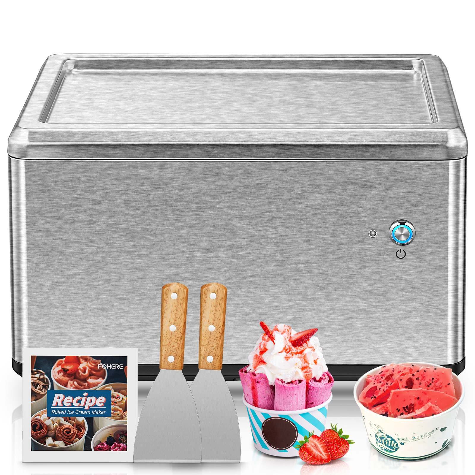 FOHERE Eismaschine Selbstkühlende Roll-Eismaschine für Zuhause mit Kompressor, 120 W, inkl. 2 Metallspatel & Rezeptheft, ein-Knopf-Bedienung