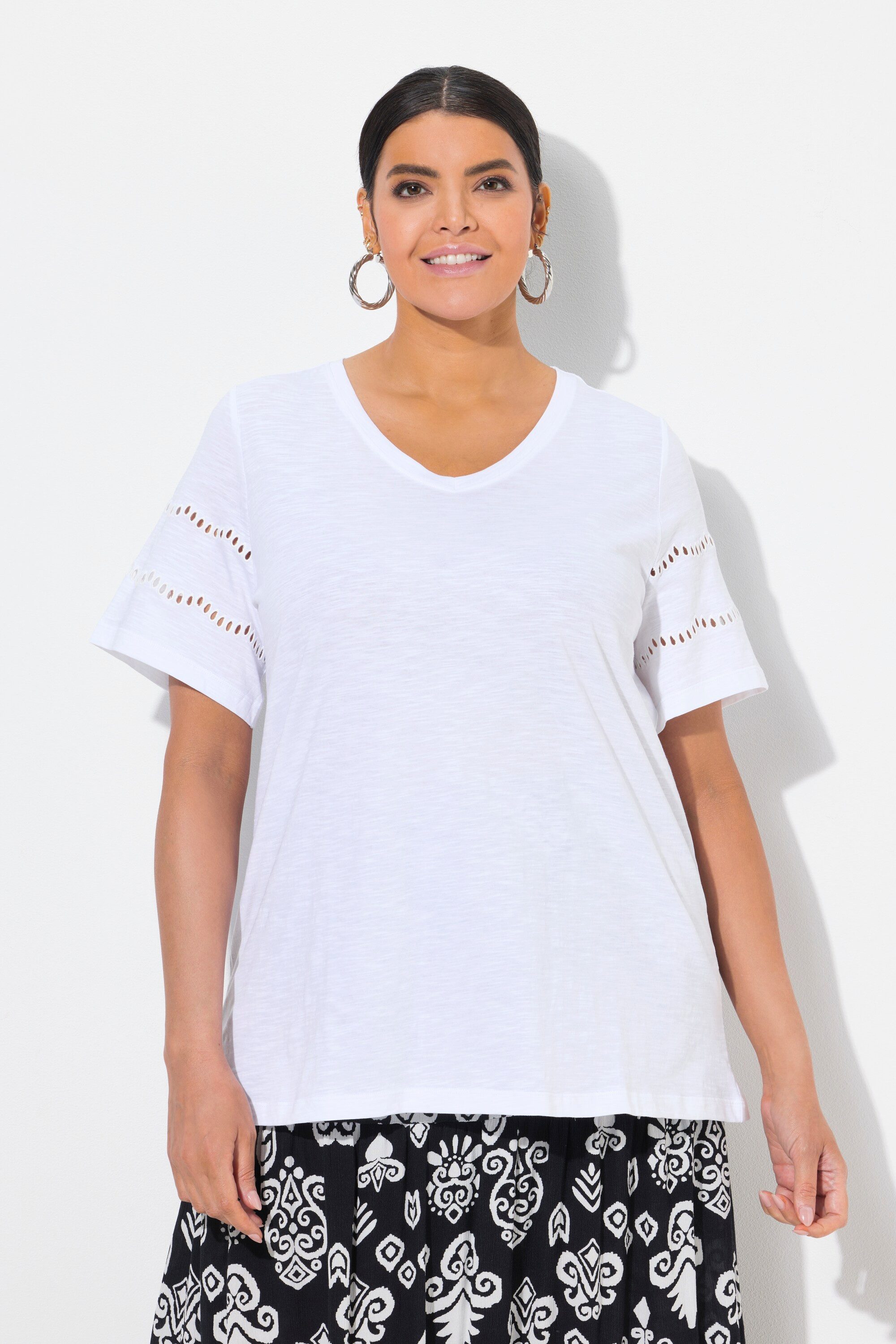 Ulla Popken T-Shirt T-Shirt Lochstickerei A-Linie günstig online kaufen