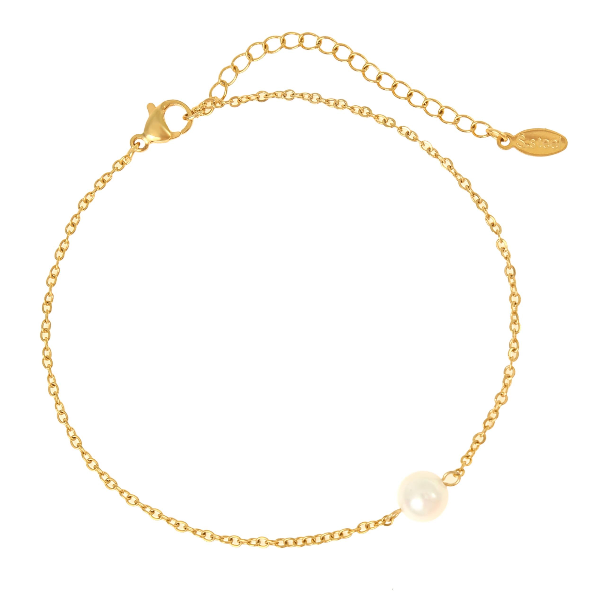 Made by Nami Fußkette Edelstahl Fußkettchen für Damen in Gold, Wasserfest mit Perle, 21,5cm lang mit 6,1cm Verstellkette, Surfer oder Boho Schmuck