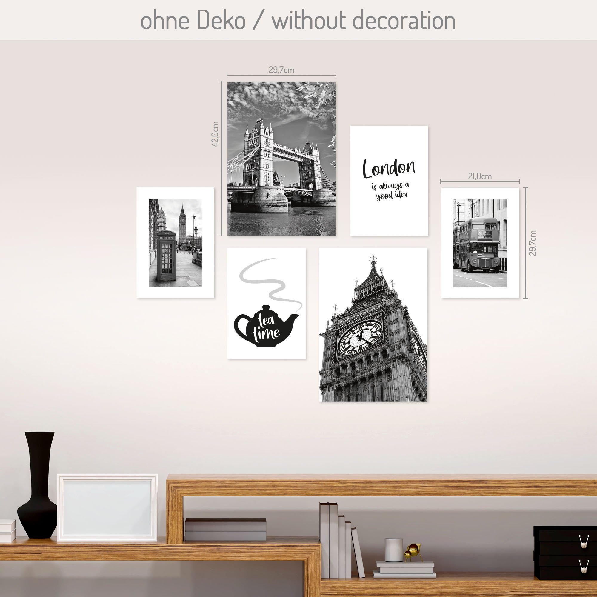 Kreative Feder Poster, London, Stadt, City, England, Britisch, Big Ben, London Bridge (Set, 6 St), 6-teiliges Poster-Set, Wandbild, Posterwand, optional mit Rahmen