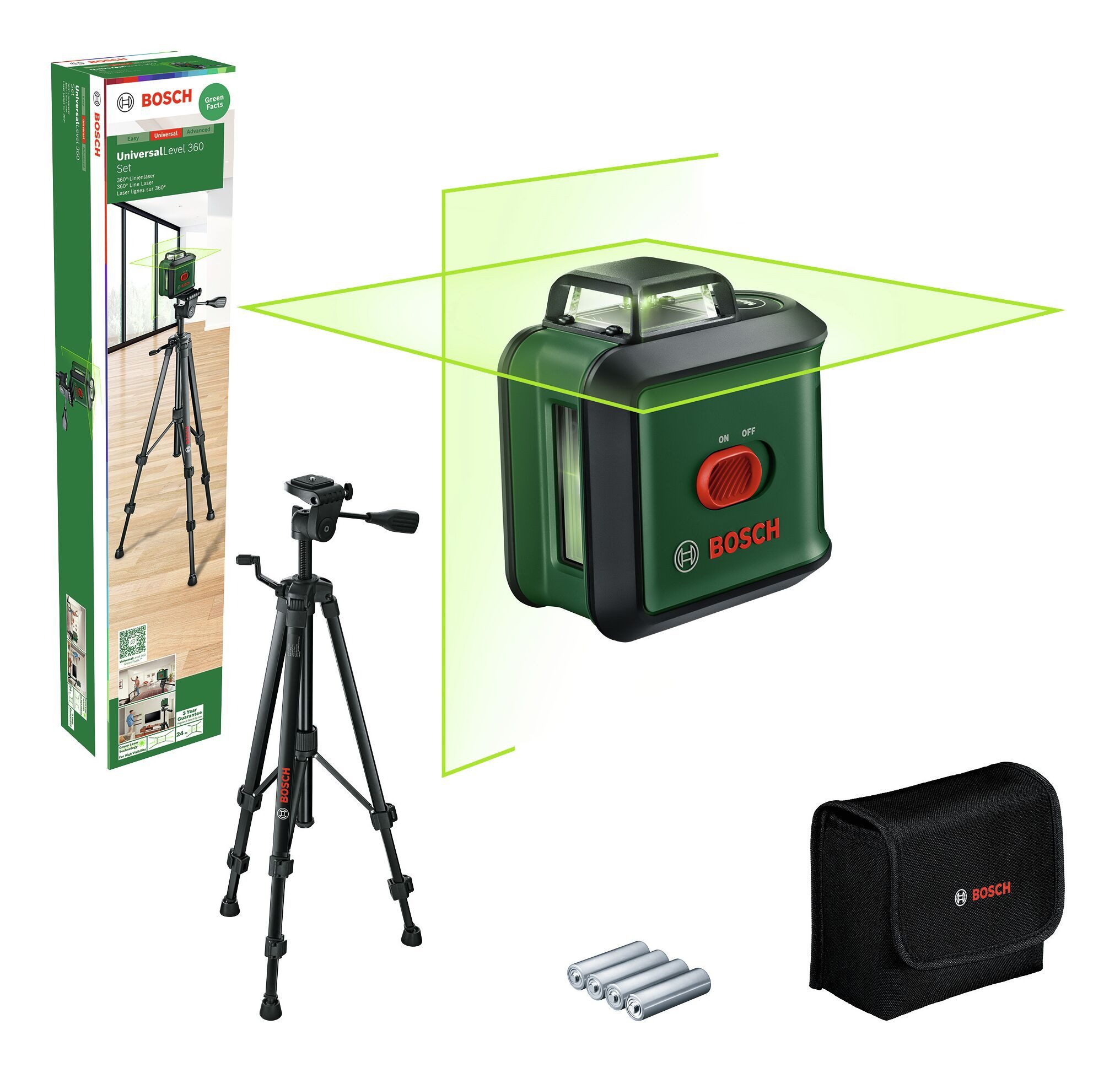 BOSCH Kreuzlinienlaser UniversalLevel 360 Set, Kreuzlinien-Laser mit Stativ TT 151 - im Karton