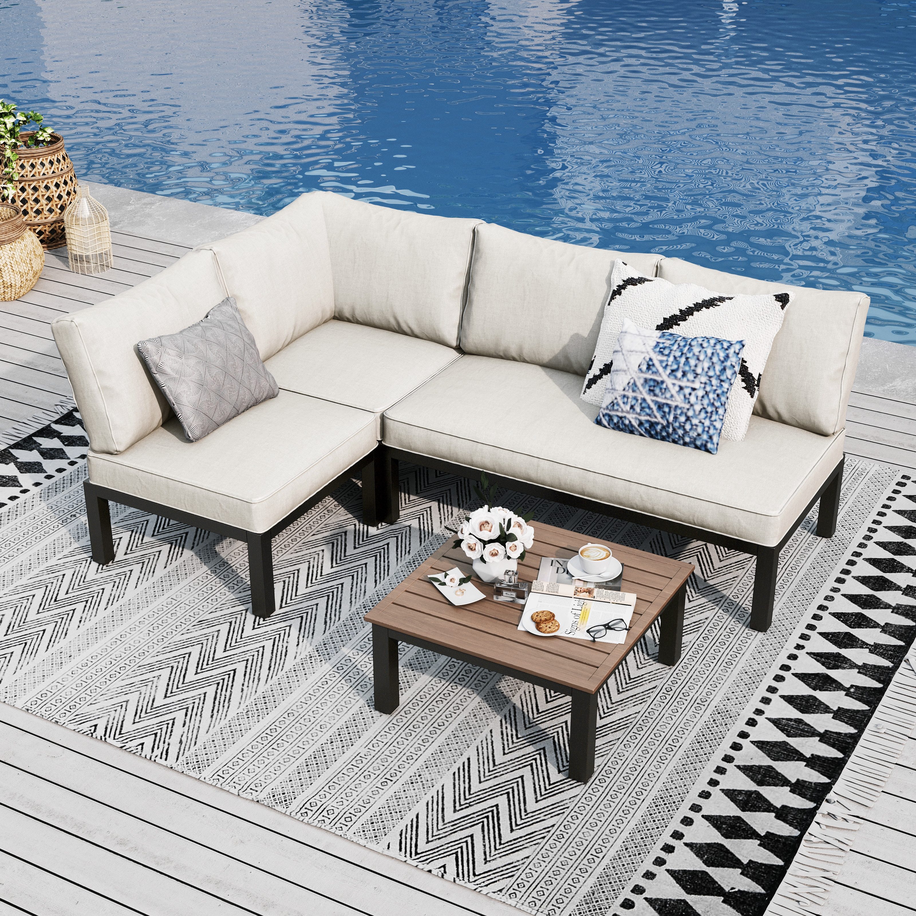 PHI VILLA Gartenlounge-Set, (Gartenmöbel Balkonmöbel Set 4 Teilig, Metall Lounge Möbel Outdoor Gartenlounge Set 4-Sitzer)