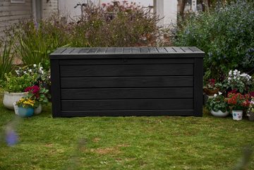 Keter Kissenbox Westwood Aufbewahrungsbox 568 Liter für Terrassenmöbel aus Kunststoff, Auflagenbox Gartenbox anthrazit Holz Optik mit Gasdruckfedern