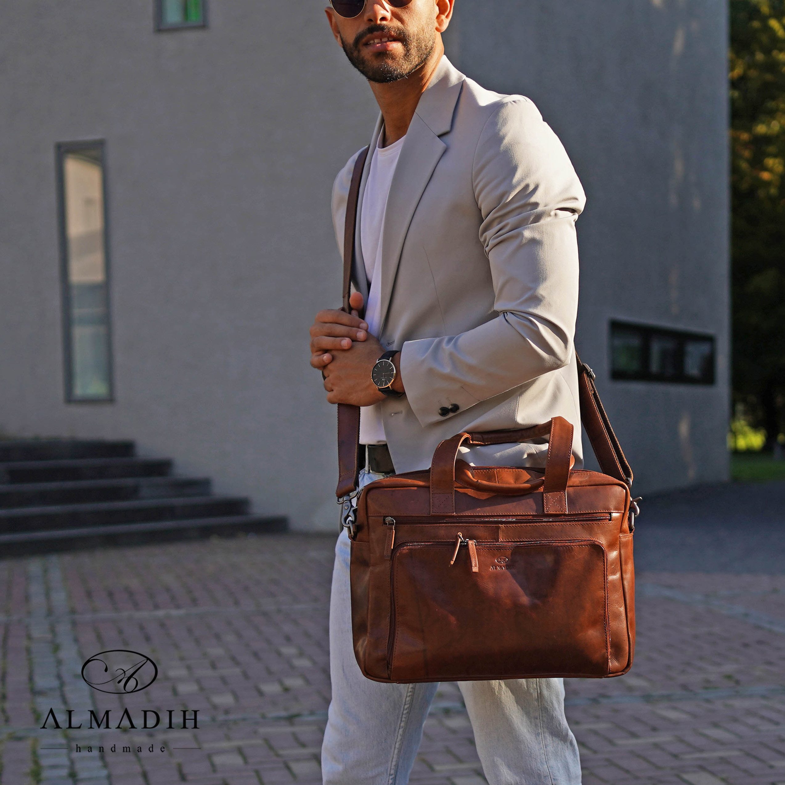 ALMADIH Businesstasche Leder Businesstasche BRUNO Ledertasche 15 Zoll Aktentasche Braun
