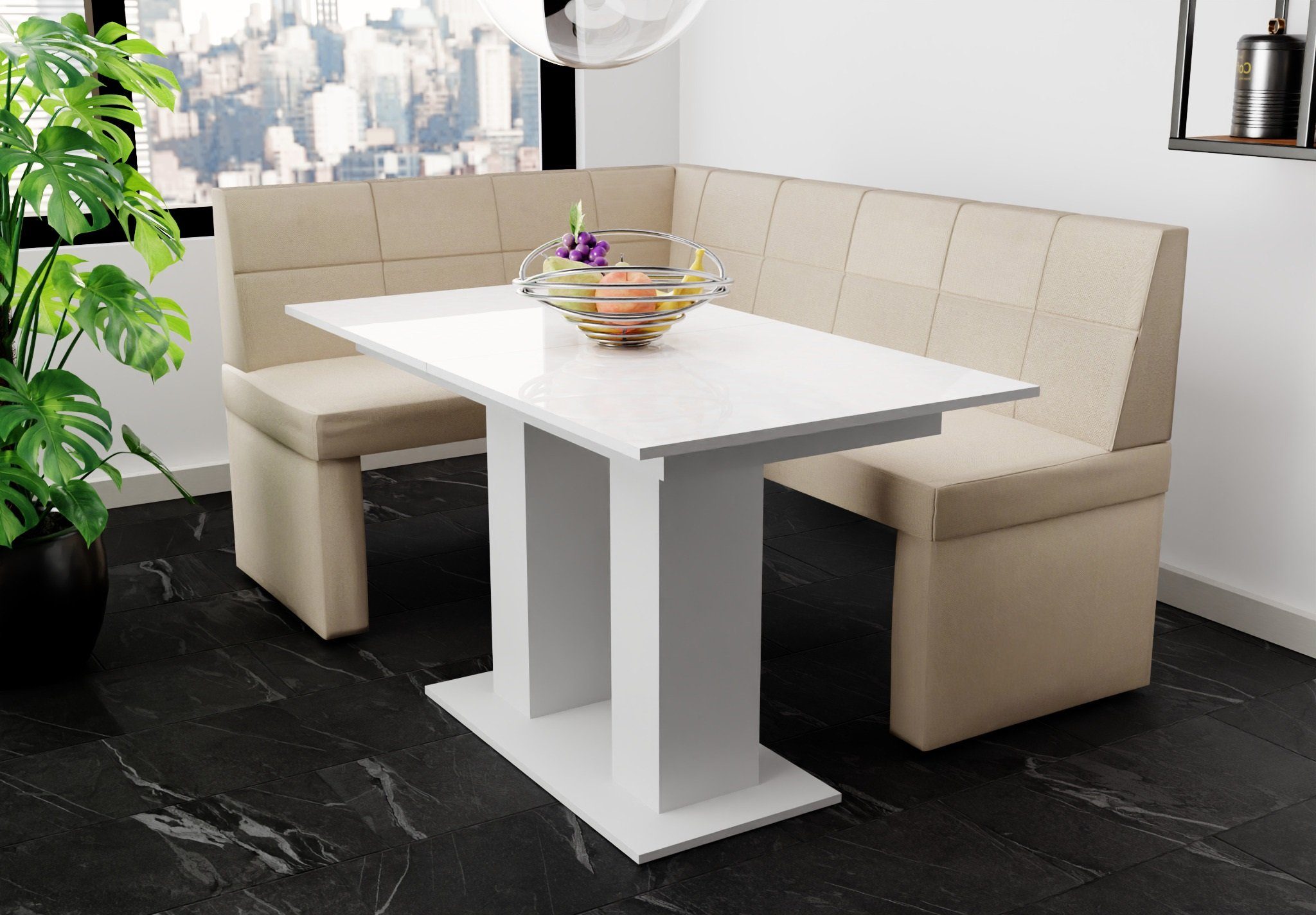 168x128cm Tisch Eckbankgruppe Hochglanz, Möbel Eckbankgruppe Weiß Tisch ausziehbarer „BLAKE“ Fun Größe mit