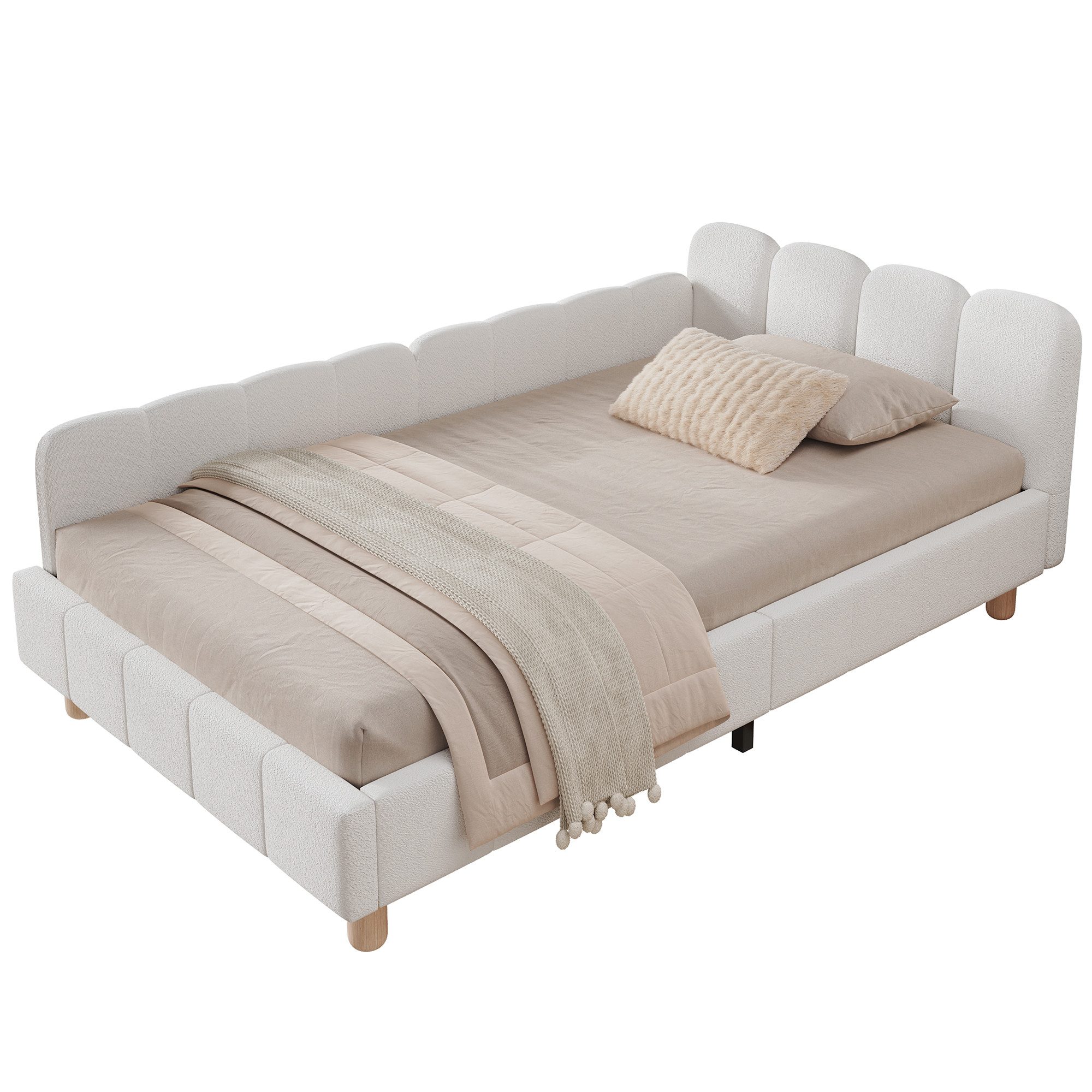 REDOM Polsterbett 90x200 cm mit Rausfallschutz Bouclé (Packung, 1-tlg., Gepolstertes Kopfteil), Massivholz-Beine, ideal als Kinder & Jugendliche( ohne Matratze)