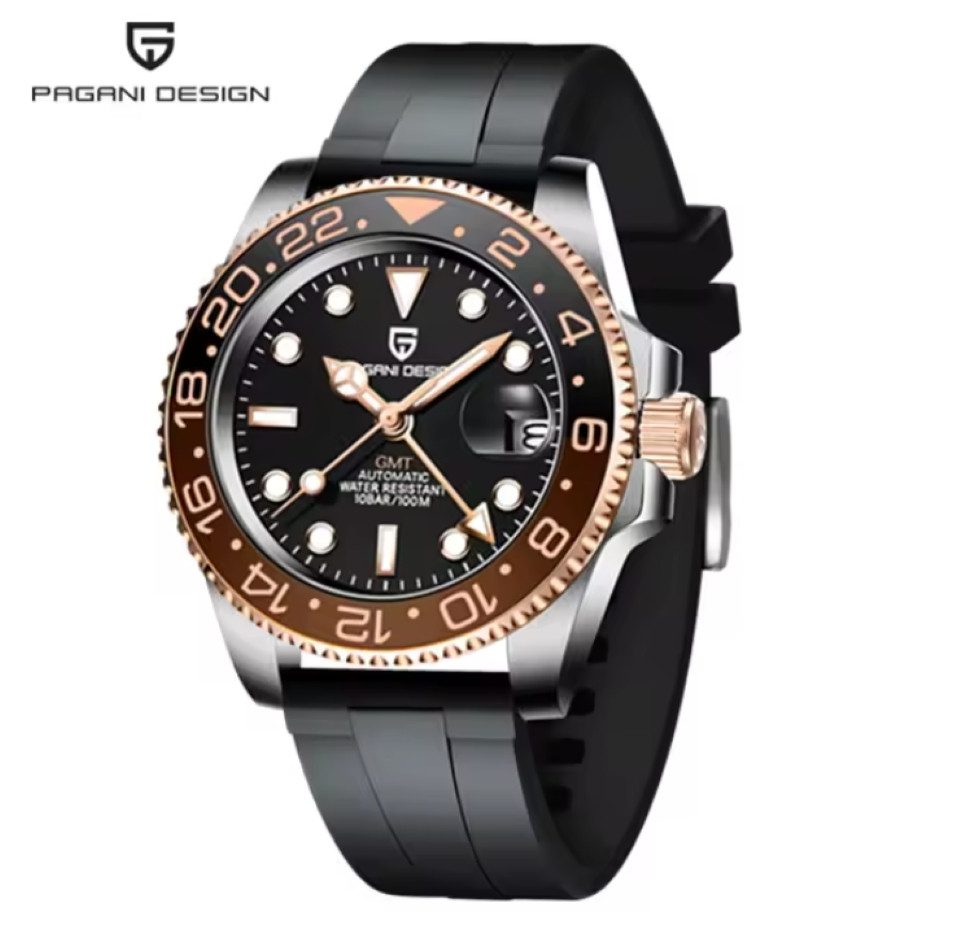 Pagani Design Automatikuhr Herren Uhr Edelstahl Armbanduhr Herrenuhr GTM Drehbare Lünette, Weltzeit GMT Uhr mit Datum & Keramiklünette - inkl. Box & Werkzeug