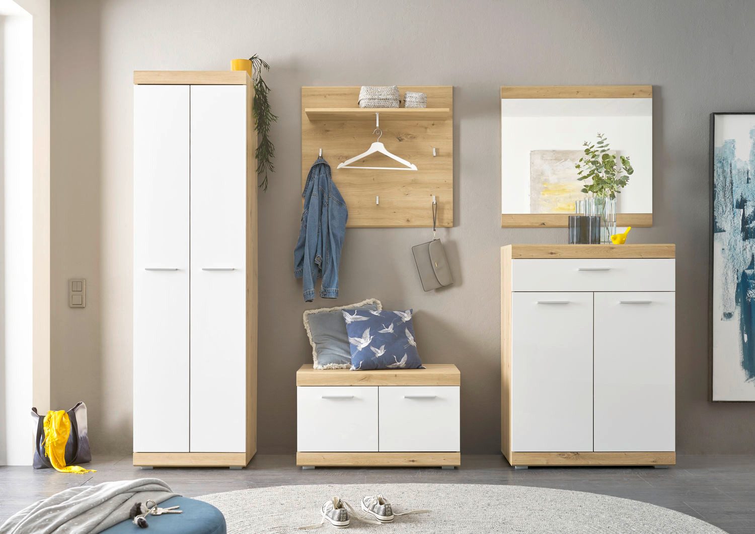 moebel-dich-auf Garderoben-Set NOVA, (Komplett-Set, Garderobenschrank + Paneel + Bank + Spiegel + Schuhkommode), in Artisan Eiche mit MDF Hochglanz Fronten
