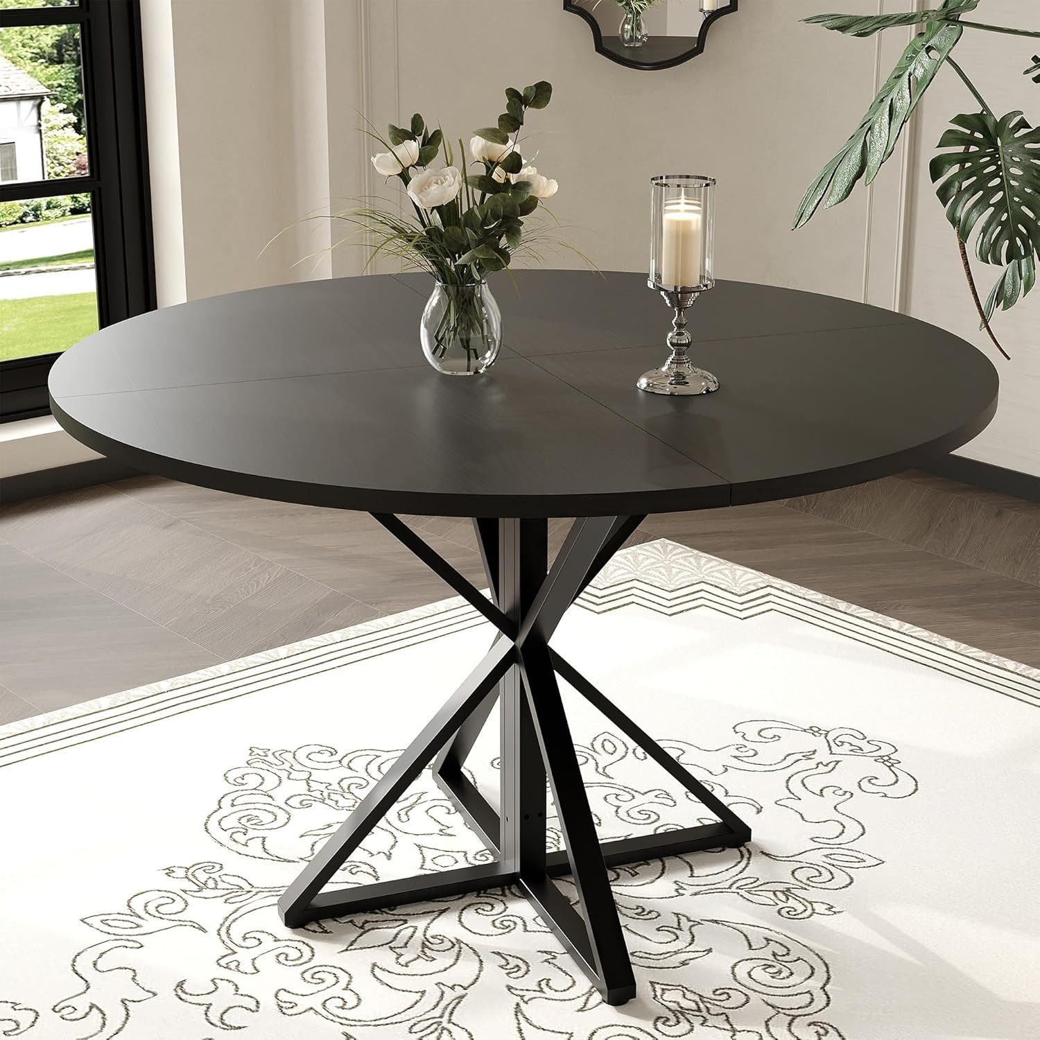 GarveeMore Esstisch runder aus Holz,robuster Metallsockel für 4 Personen, Küchentische mit rundem Sockel für Esszimmer,Küche,Wohnzimmer