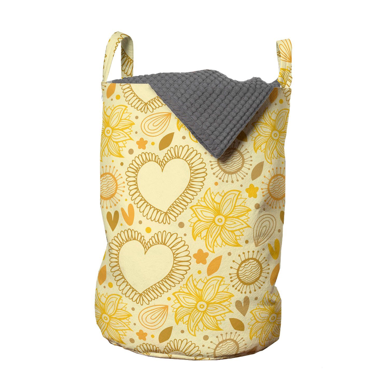 Abakuhaus Wäschesäckchen Wäschekorb mit Griffen Kordelzugverschluss für Waschsalons, Gelb Doodle Herz-Blumen