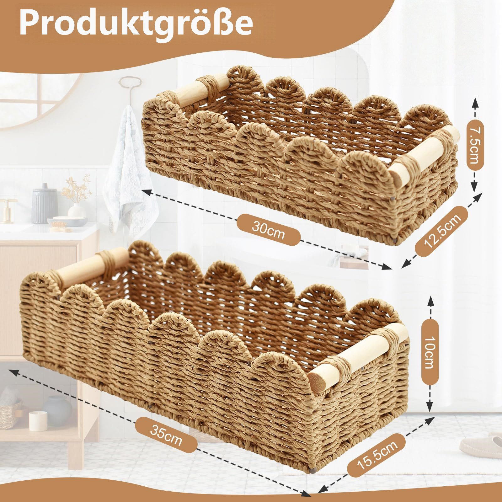 FOUORTUNATE-BEE Aufbewahrungskorb 2er Set Aufbewahrungskorb Geflochten Aufbewahrungkörb Badezimmer (Dekor Körbchen Wickeltisch Organizer Korb, 2 St., für Küche  – Bild 3 von 5