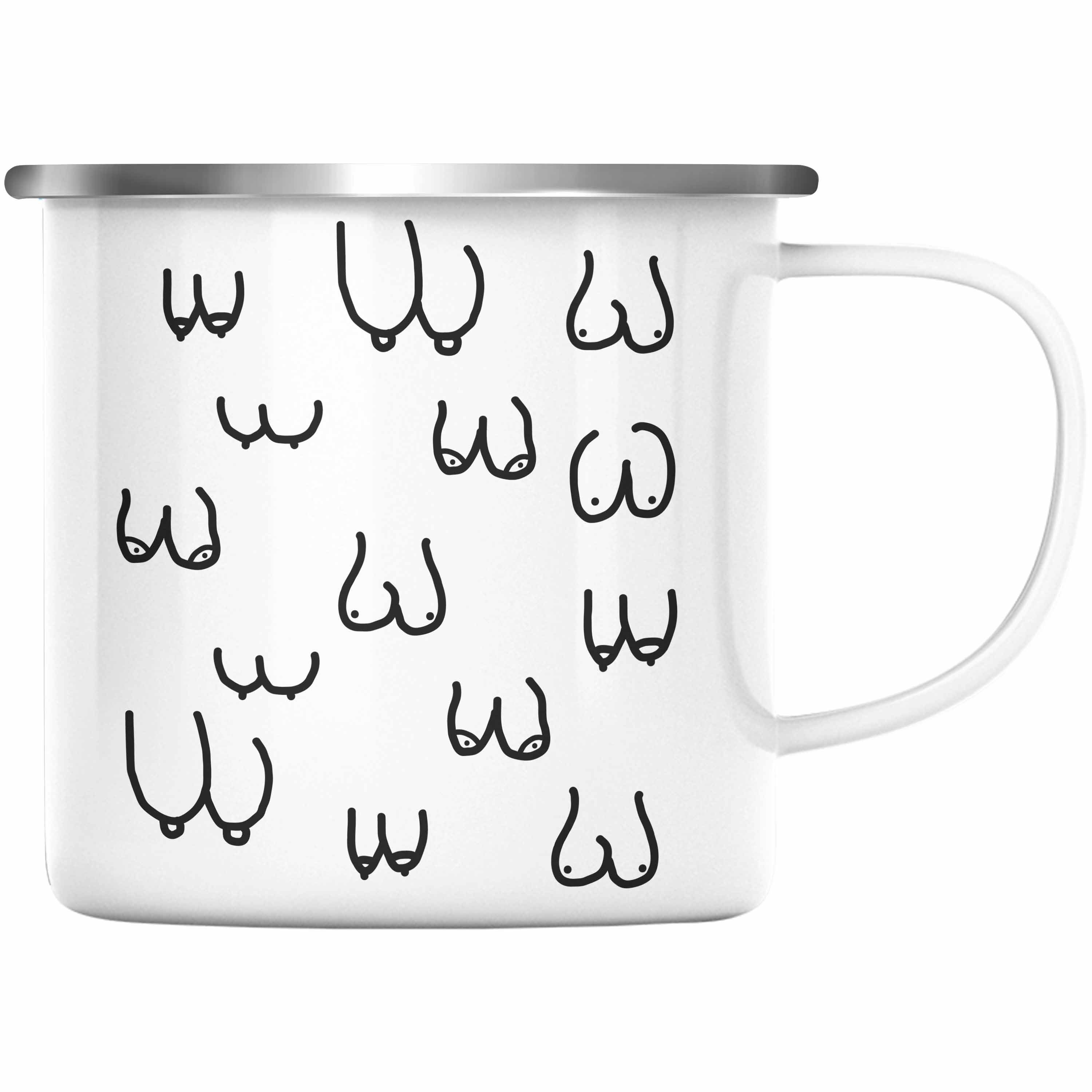 Trendation Thermotasse Trendation - Lustige Emaille Tasse mit Busen / Brüsten für Erwachsene als 18+ Geschenkidee Lustige Feminismus KaffeeEmaille Tasse Silber