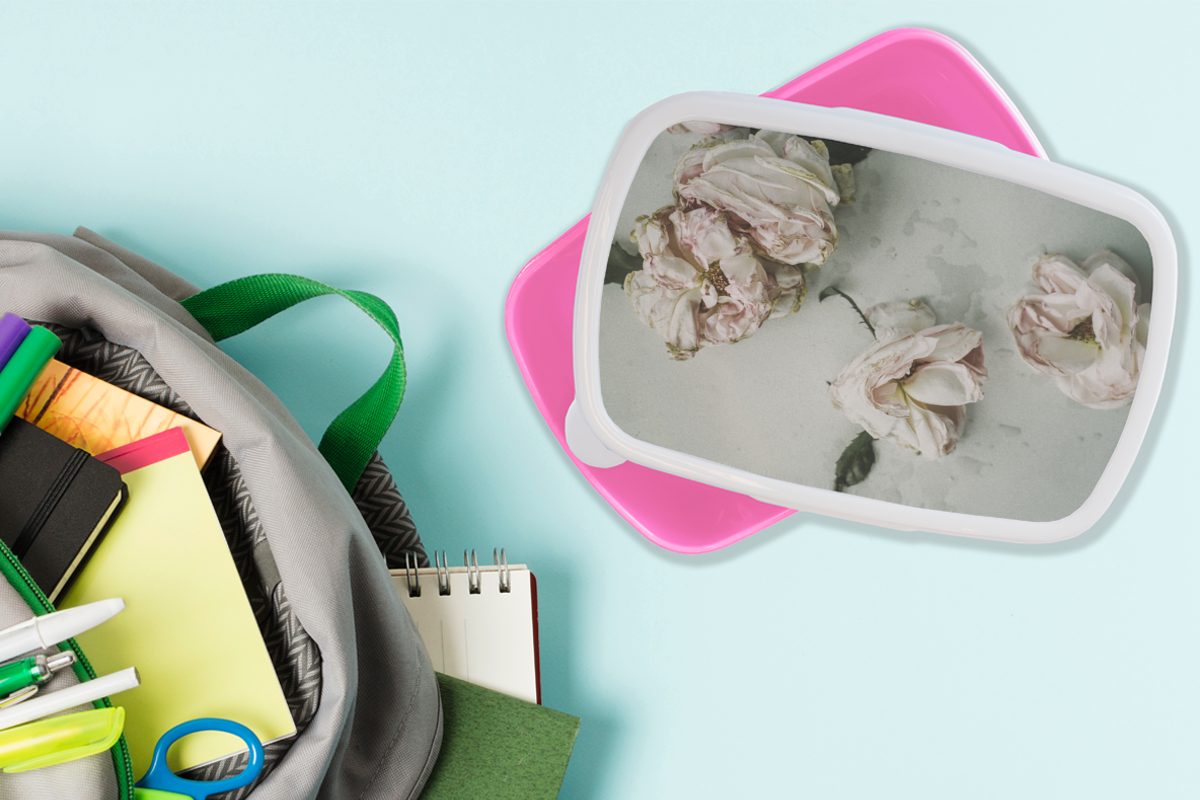 rosa Blumen MuchoWow Kunststoff Erwachsene, - Mädchen, Blumen, Getrocknete Brotdose für - (2-tlg), Kunststoff, Lunchbox Kinder, Snackbox, Rosen Brotbox