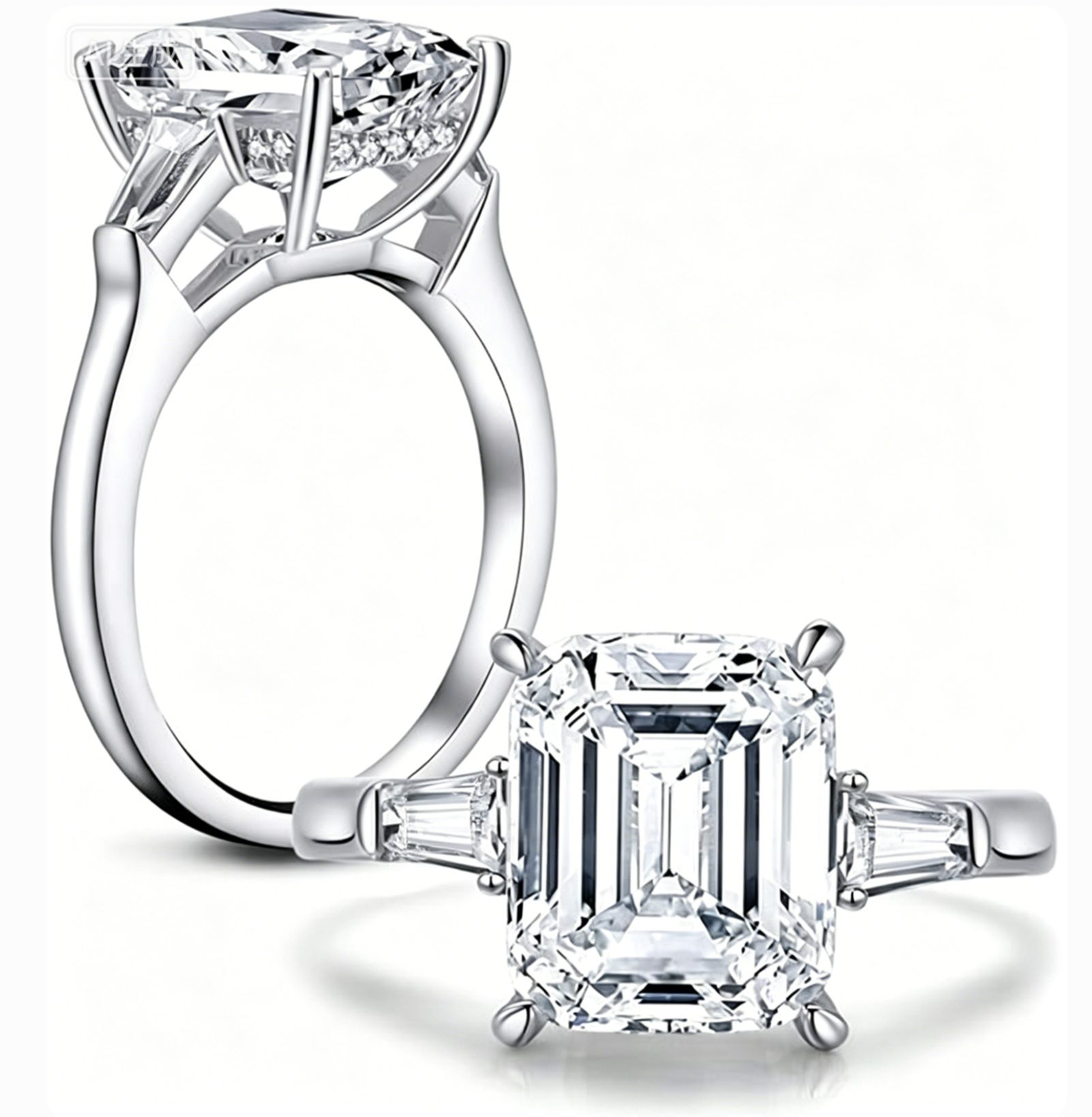 Jumpeak Diamantring Smaragd-Diamantring, Dreisteinring, 3 Karat, D, VS1, 585er Gold, Verlobungsring, Geschenk zum Jahrestag, Geschenk für sich selbst