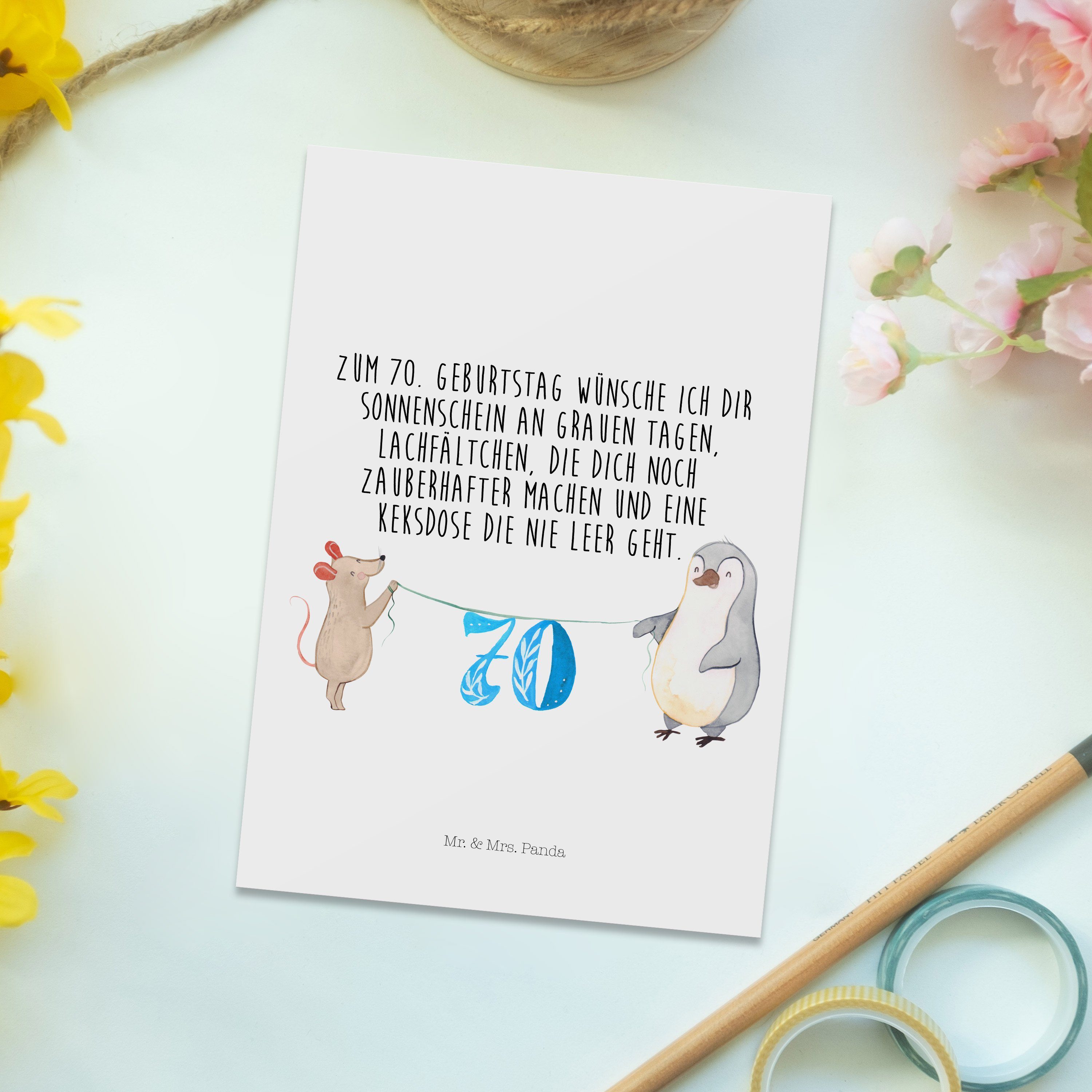 70. - Pinguin Mr. Gebu Panda Grußkarte, Postkarte - Maus Party, Mrs. Geburtstag Geschenk, Weiß &