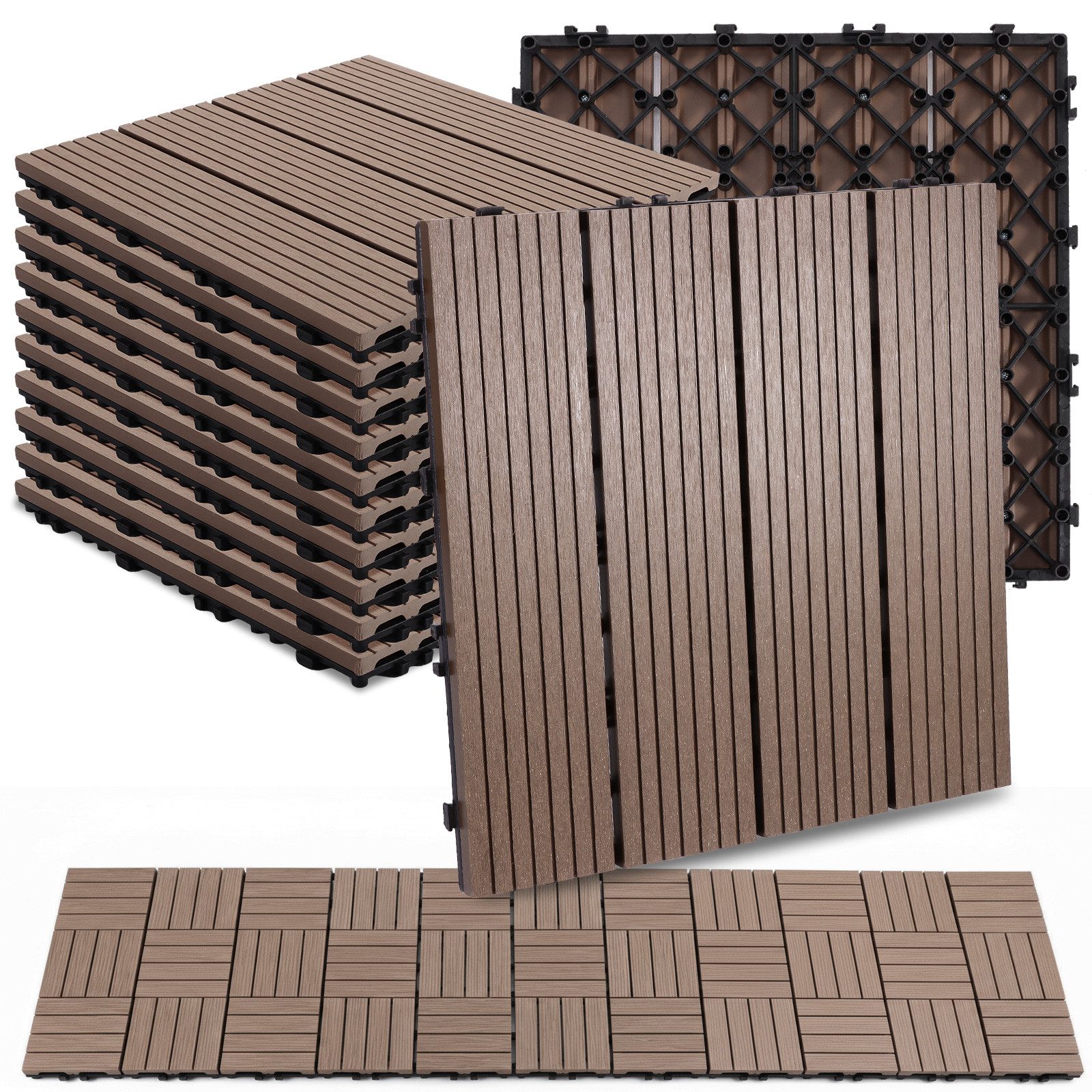 BlingBin Terrassendielen WPC Terrassenfliese, Balkonfliesen 30x30cm, Klickfliesen, 1 m², BxL: je 30x30 cm, (11er Set, 11-St., Produktabmessungen: ‎11er Pack, 30 x 30 cm pro Stück), Fliesen in Holzoptik für Balkon, Garten, Terrasse, Kaffee