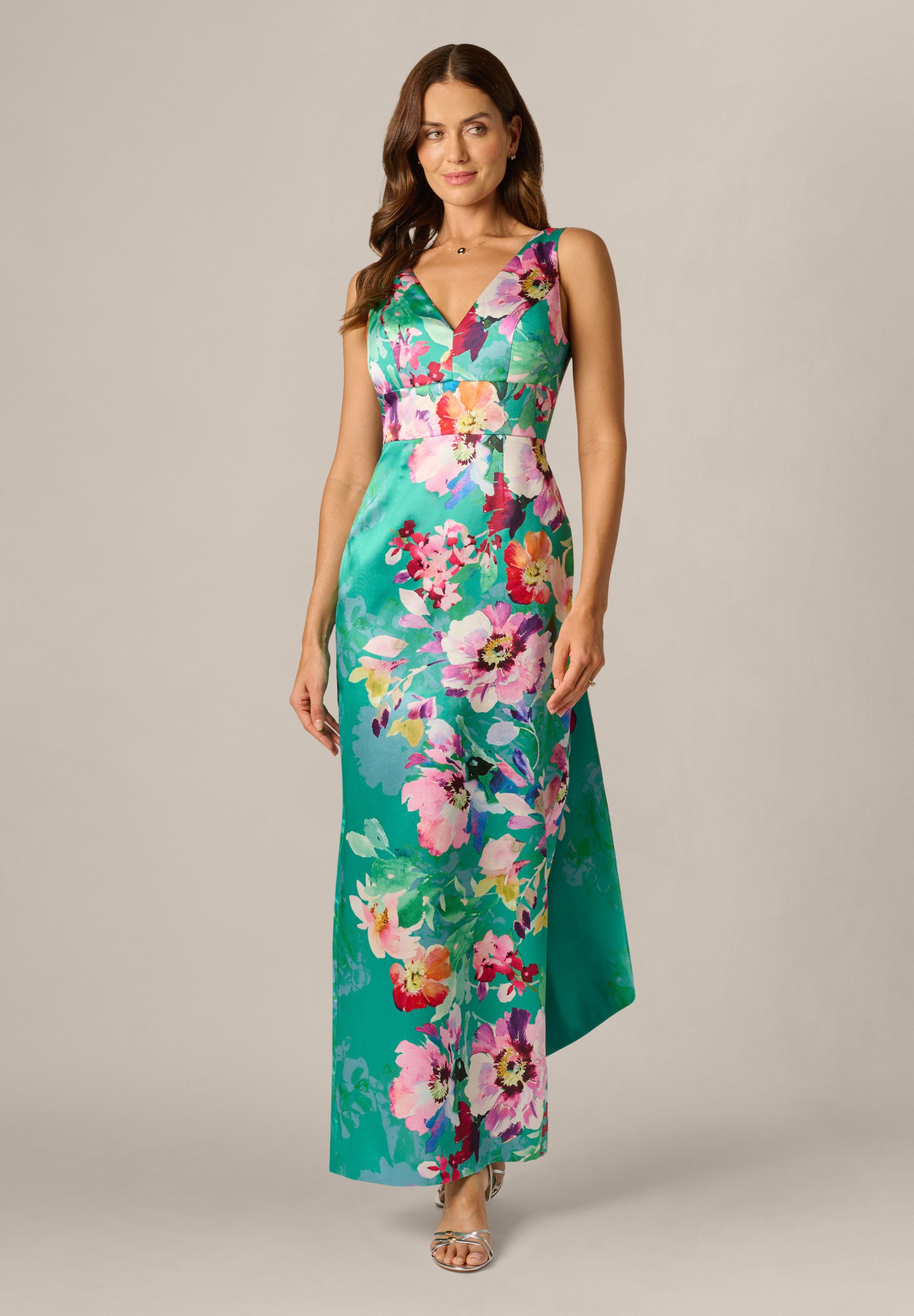 Adrianna Papell Abendkleid Printed Mikado Bow Back Gown Lebhaftes, blumiges, ärmelloses Mikado-Kleid
