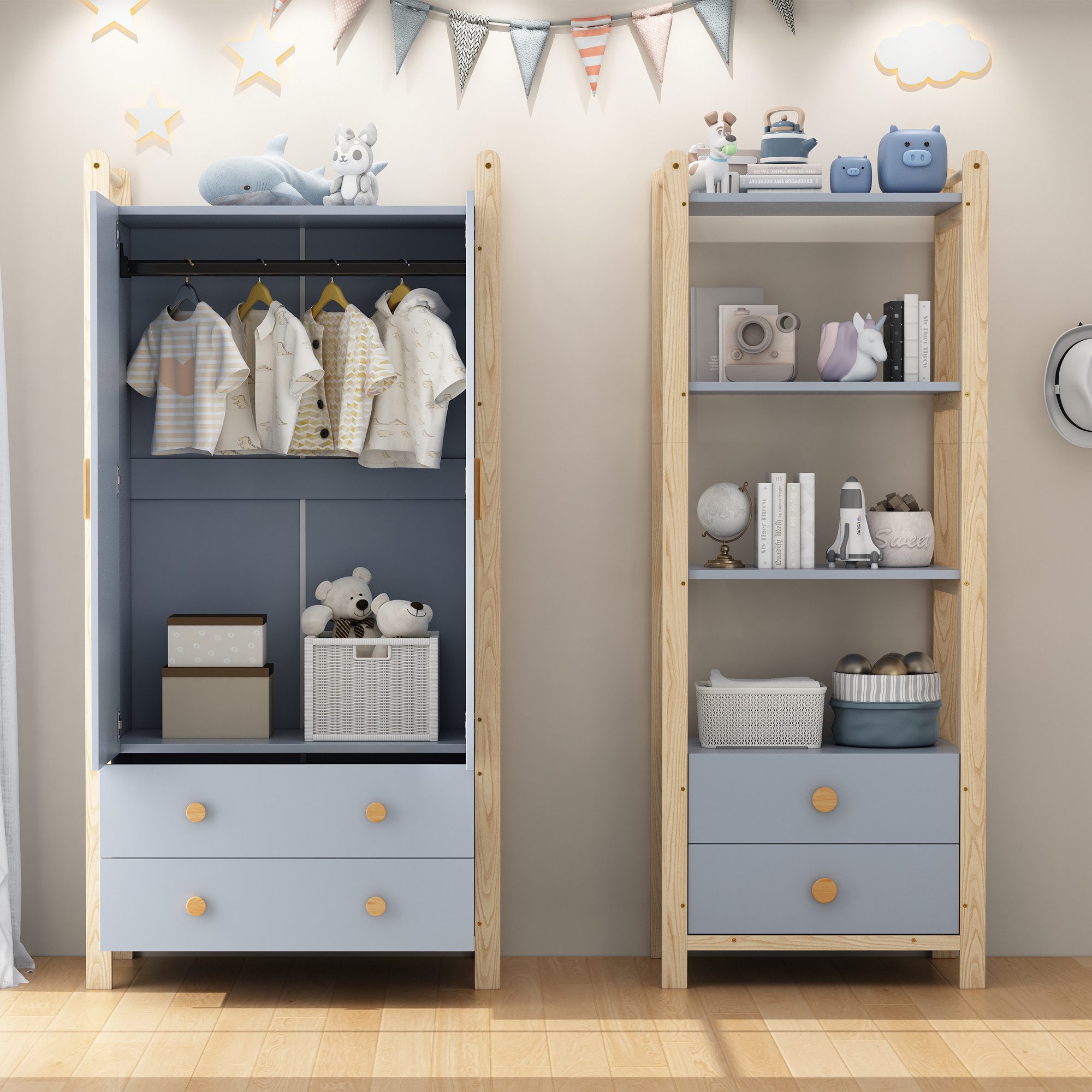 MODFU Garderoben-Set mit Kleiderstange und Schubladen + Regal, (Kinderzimmer-Set, 1-St., Doppelklappengarderobe, Fichtenrahmen, Höhe 180cm), mit Kleiderstange und Schubladen