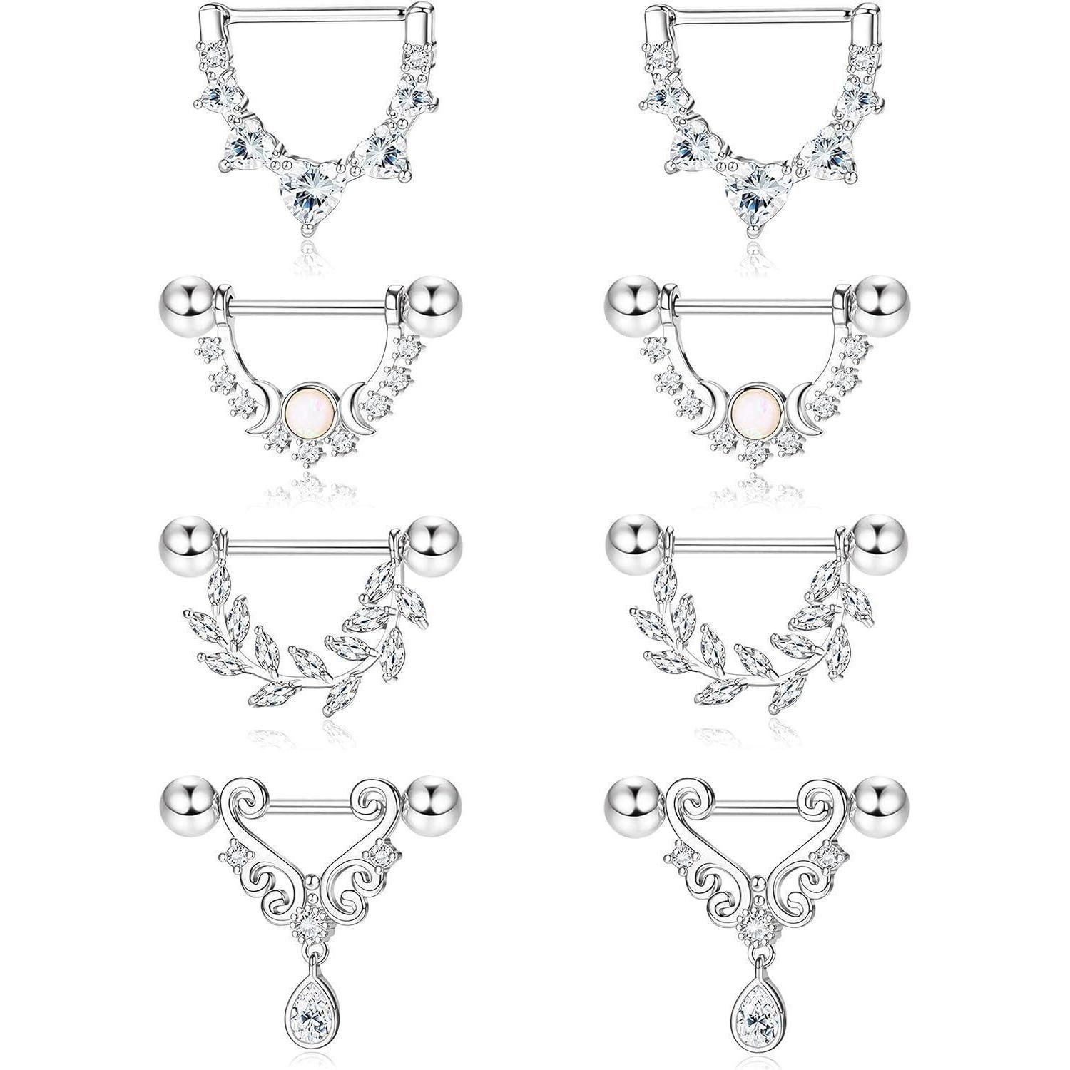 Brustwarzenpiercing Nippelpiercing 14G 316L Edelstahl 4 Paar Heart Star Opal Silber