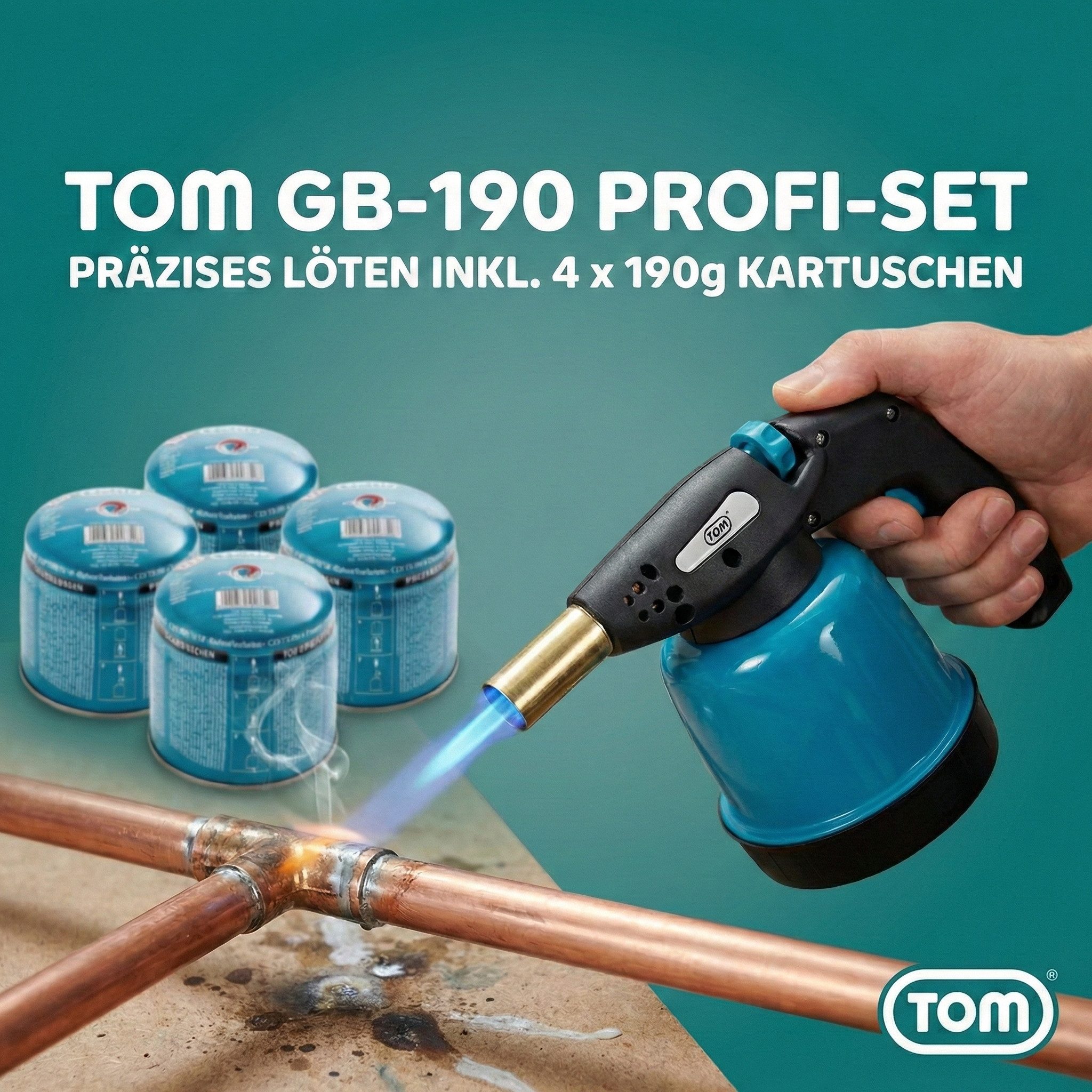 TOM Flambierbrenner Lötbrenner Bunsenbrenner Set optional 4x 190g Gaskartuschen Gasbrenner, (5-tlg), 1300°C, Piezzozündung, 94,5 g/h, 1300W