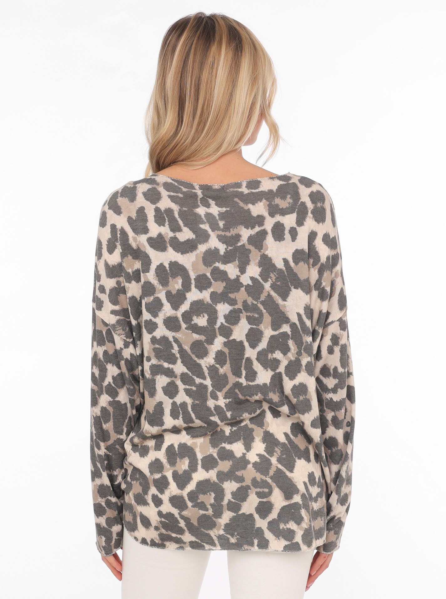 Zwillingsherz Langarmshirt Leo-Muster, Langarm, V-Ausschnitt, hinten etwas länger
