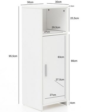 Wohnling Midischrank WL5.753 (30 x 95,5 x 30 cm Weiß Holz mit Tür und Ablagefach) Badschrank Stehend, Badregal Schmal, Badmöbel