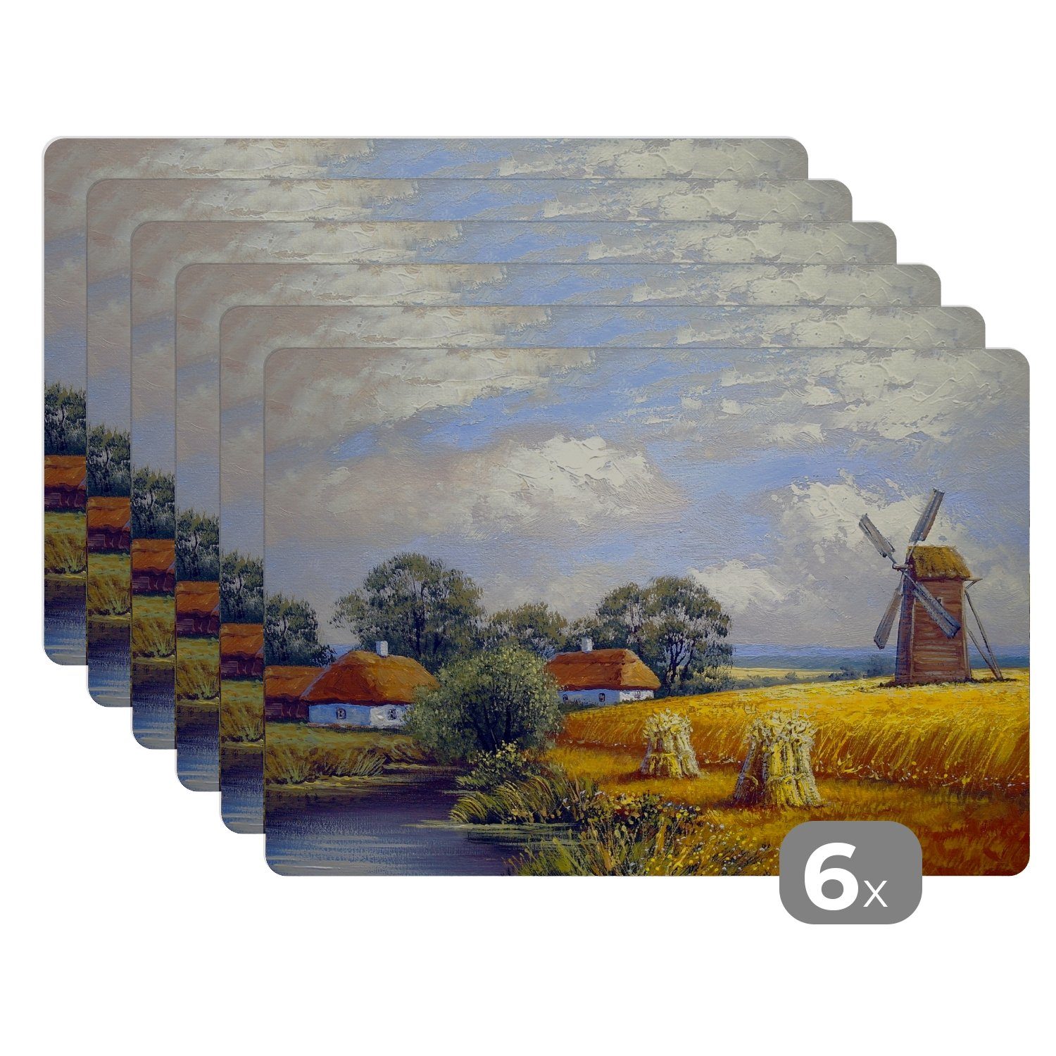 Platzset, Gemälde - Bauernhof - Mühle - Ölfarbe, MuchoWow, (6-St), Platzset, Platzdecken, Platzmatte, Tischmatten, Schmutzabweisend