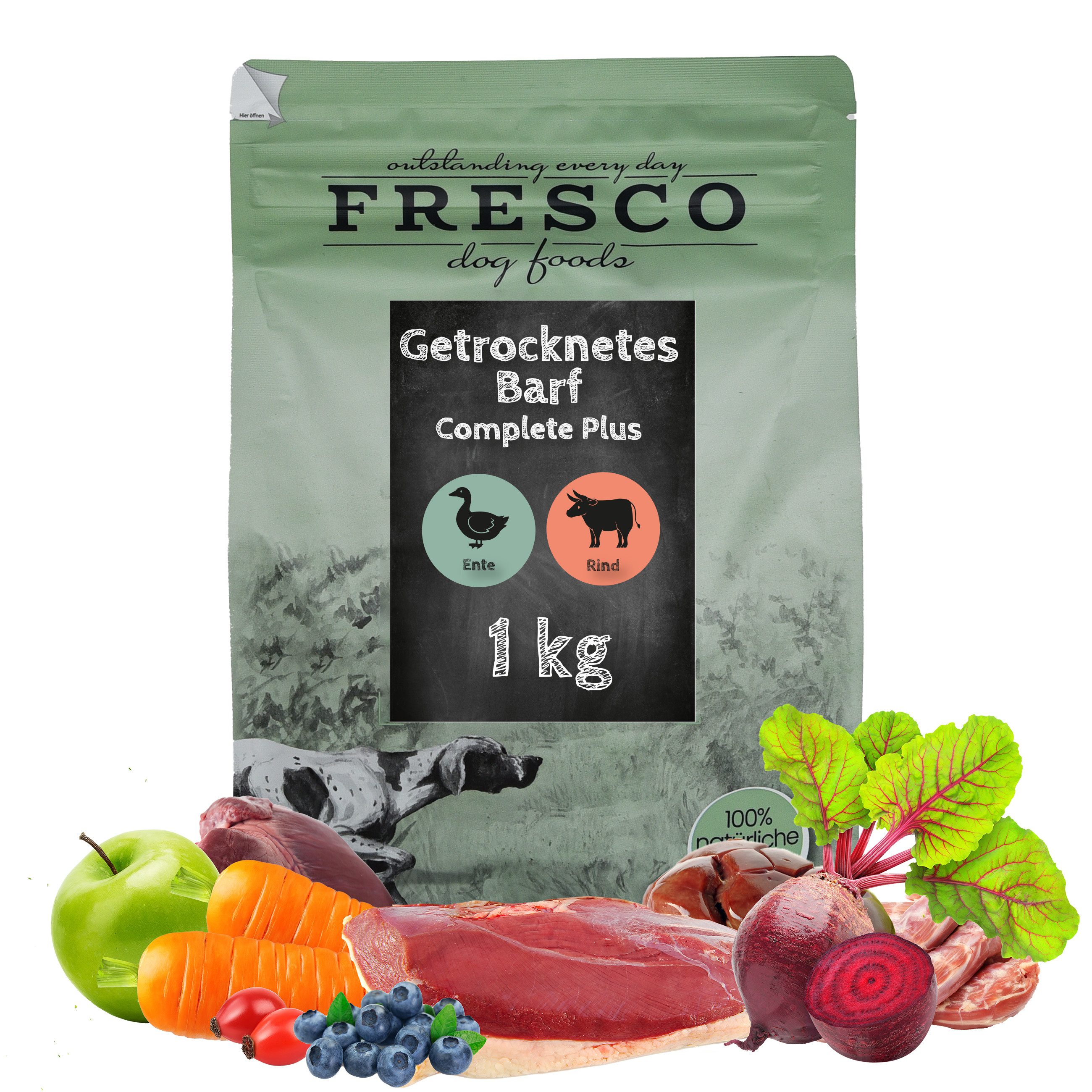 Fresco Dog TrockenBarf Hundefutter Trocken Ente und Rind, 1kg / 2,5kg / 5kg, Trockenfutter für: Hunde, Getreidefrei, 80% Frischfleisch, ohne Zusätze