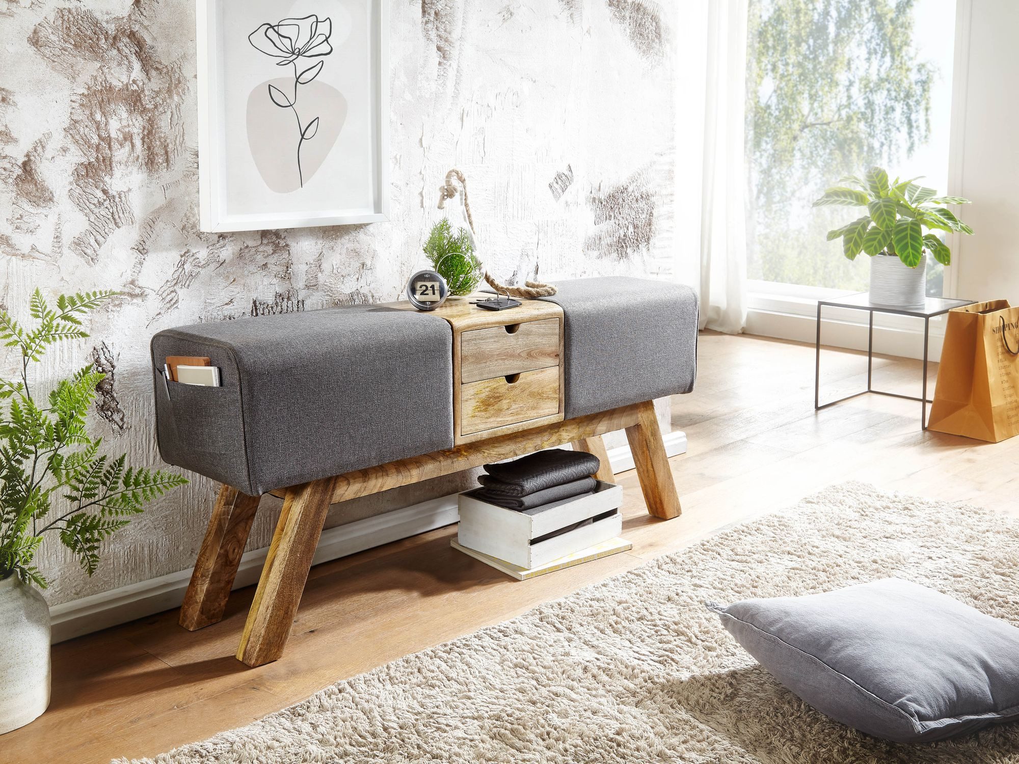 FINEBUY Sitzbank FB72064 Turnbock Stoff 120 cm Grau Springbock Stauraum Turnhocker (Stoff / Massivholz Bank 120x56x30 cm Retro), Flur Polsterbank mit Stauraum, Stoffbank Grau
