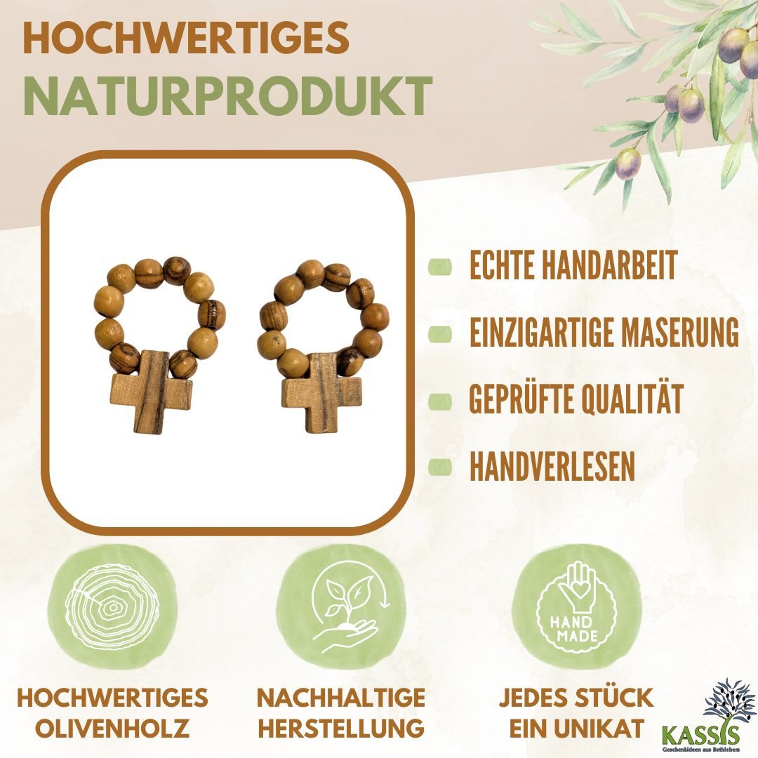Kassis Geschenkartikel Fingerring Olivenholz Fingerrosenkranz mit Kreuz aus Bethlehem Talisman, Handgefertigt in Bethlehem, Geschenk zu Kommunion Taufe Firmung