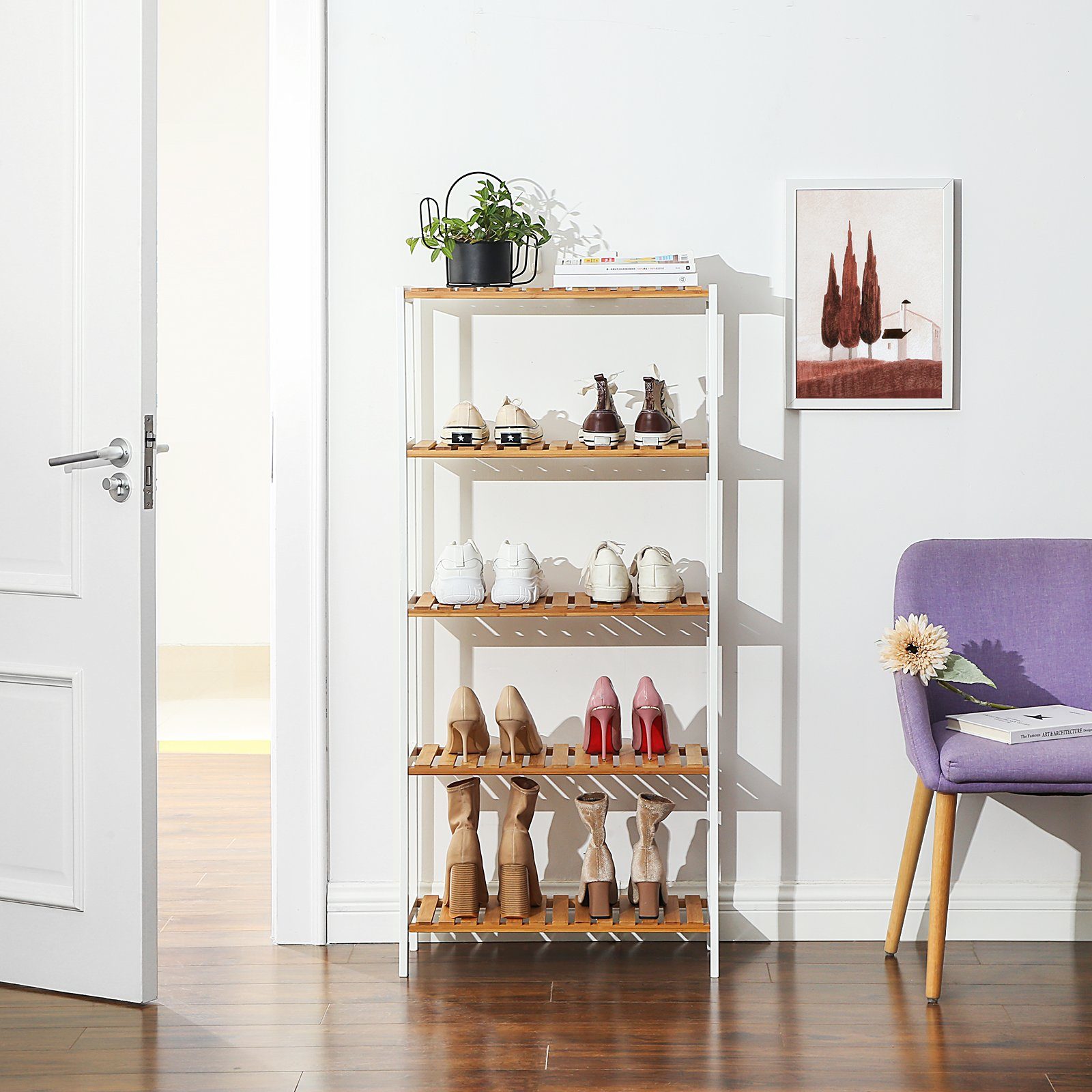 SONGMICS Badregal Bücherregal, 5 Ebenen, stufig höhenverstellbar, Bambus