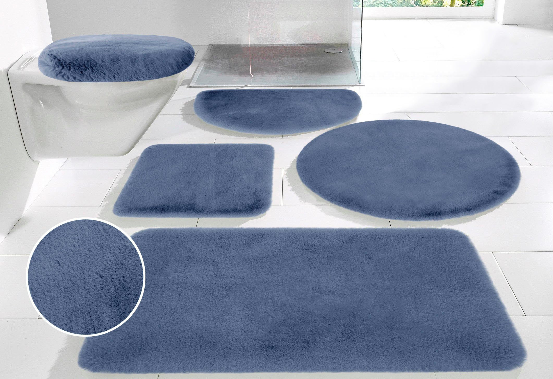 OTTO home Badematte Rabbit Badematten, Badvorleger, Badezimmer Teppich, Höhe 30 mm, rutschhemmend beschichtet, schnell trocknend, strapazierfähig, fußbodenheizungsgeeignet, Polyester, rund, Kaninchenfell-Haptik, Badteppich, rechteckig, rund & als 3-tlg. Set