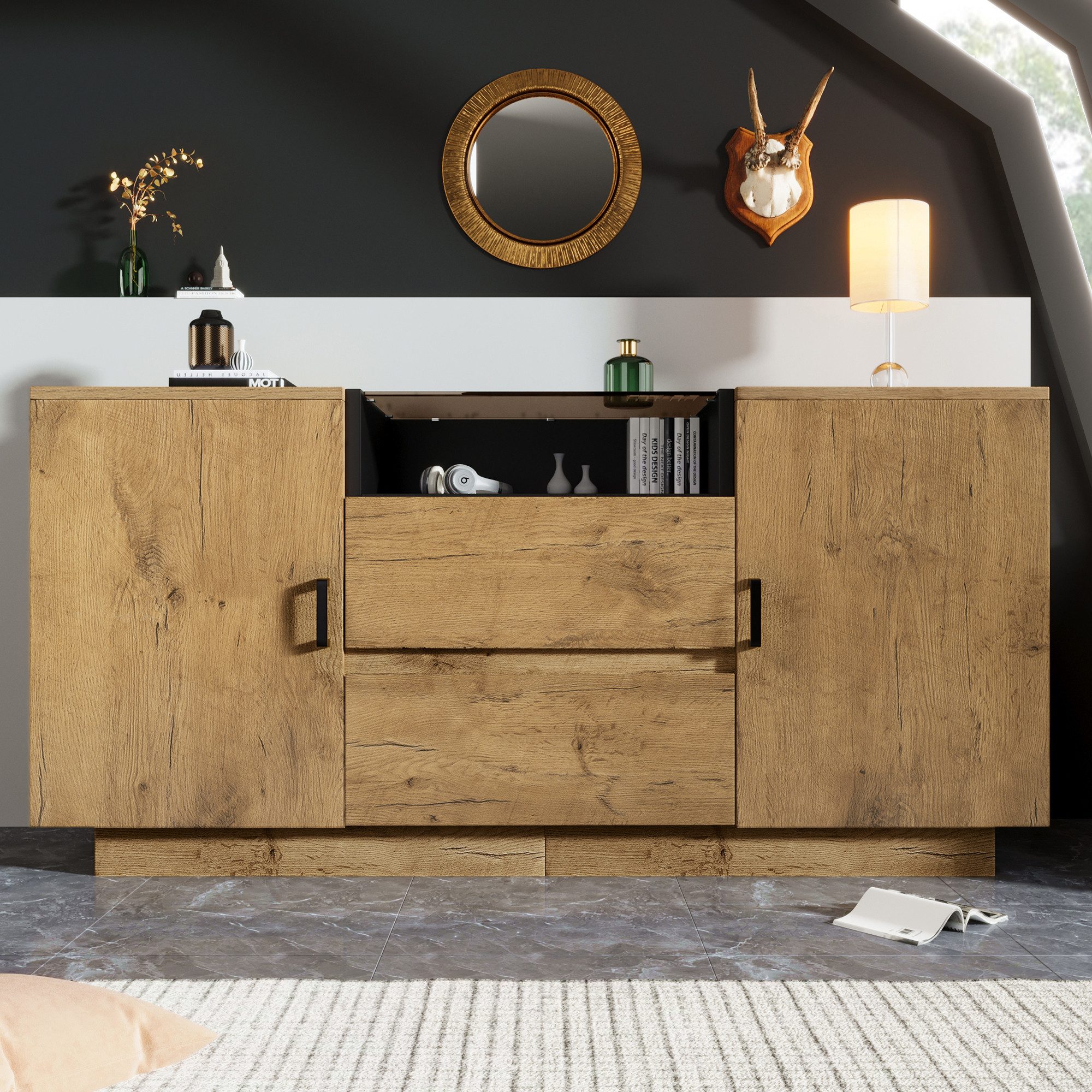 KLAM HOME Sideboard Eichenoptik Kommode Sideboard mit 2 Schubladen + 2 Schränken, offenem Fach - ESG-Glas & schwarze Griffe, H70/B140/T40 cm