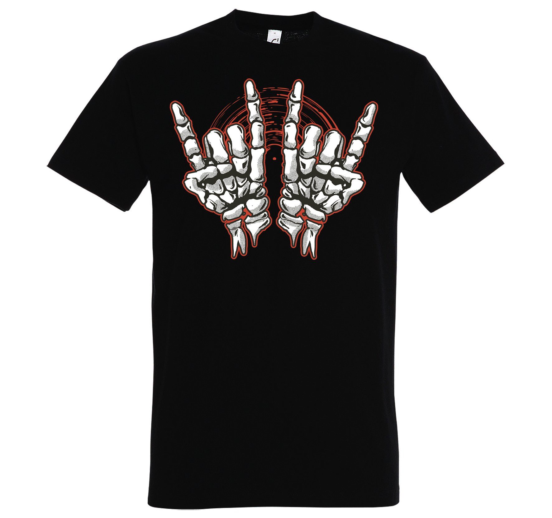 Horror im Youth T-Shirt Herren Rock'n'Roll Fun-Look Frontdruck Designz mit Skelett Hand Schwarz Trendigem T-Shirt