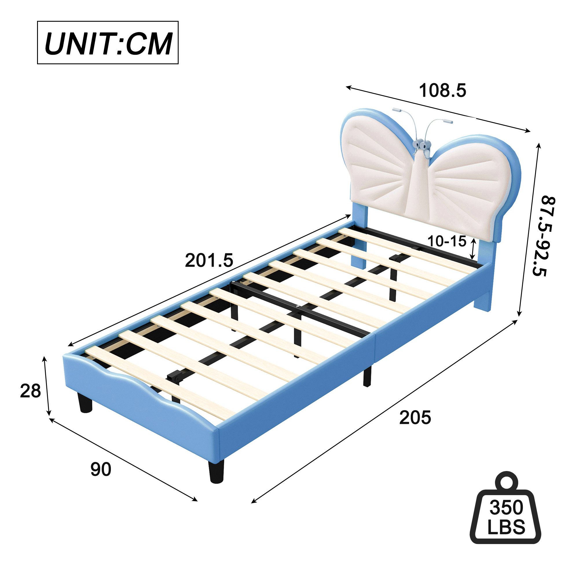 Furnishings Home Kinderbett Polsterbett LED mit Kopfteil 90x200 cm (Einzelbett mit LED-Beleuchtung), Geeignet für Jungen und Mädchen