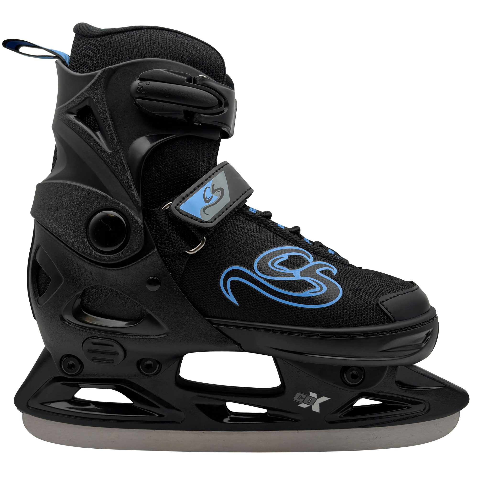 Cox Swain Schlittschuhe CRYSTAL – größenverstellbar, Softboot – Black/Blue – M (37-40), Verstellbare Schlittschuhe mit Edelstahlkufen