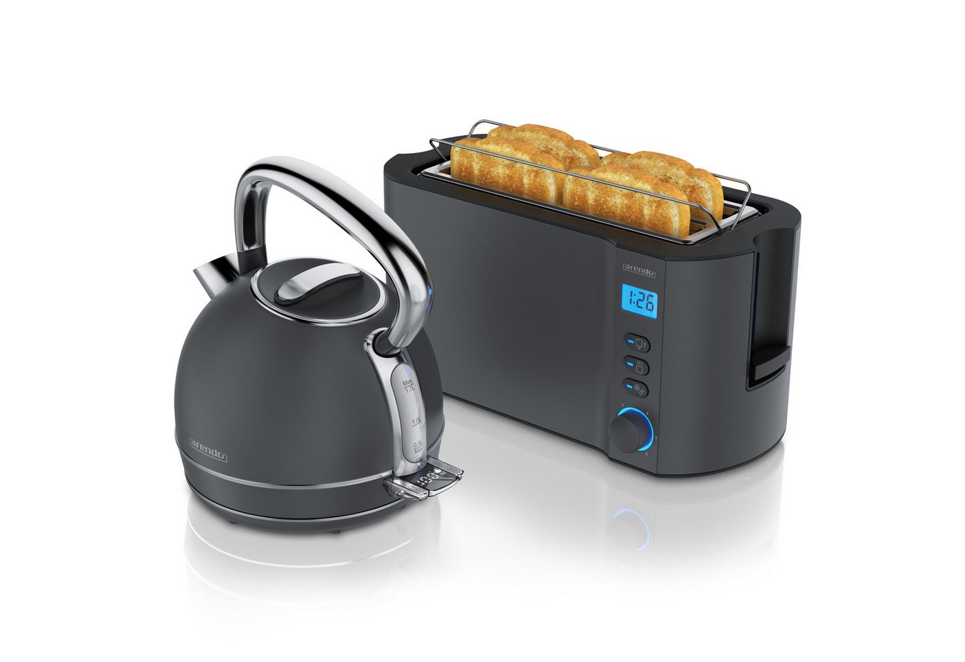 Arendo Frühstücks-Set Edelstahl Wasserkocher 1,7l, 4-Scheiben Langschlitz Toaster, Cool Grey (2-tlg), Vintage Wasserkocher Temperatureinstellung, Toaster Brötchenaufsatz