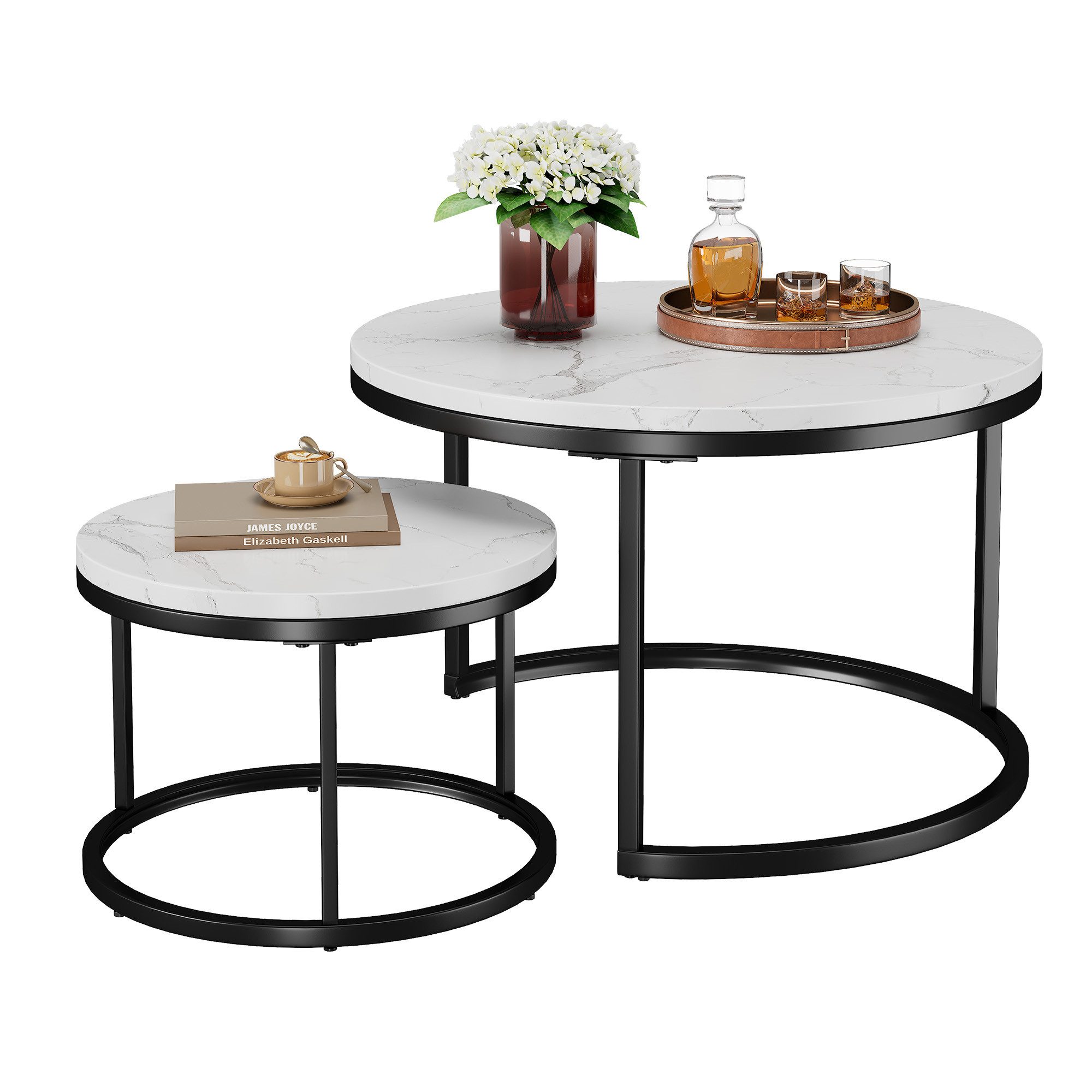 OKWISH Couchtisch Set 2-tlg 70x45 / 45x35 cm Marmoroptik schwarz Metall (Packung, 2-St., Stabiler Metallrahmen mit rutschfesten Füßen, kratzfeste Oberfläche), Platzsparendes Nesting-Design, unterstellbarer Beistelltisch flexibel