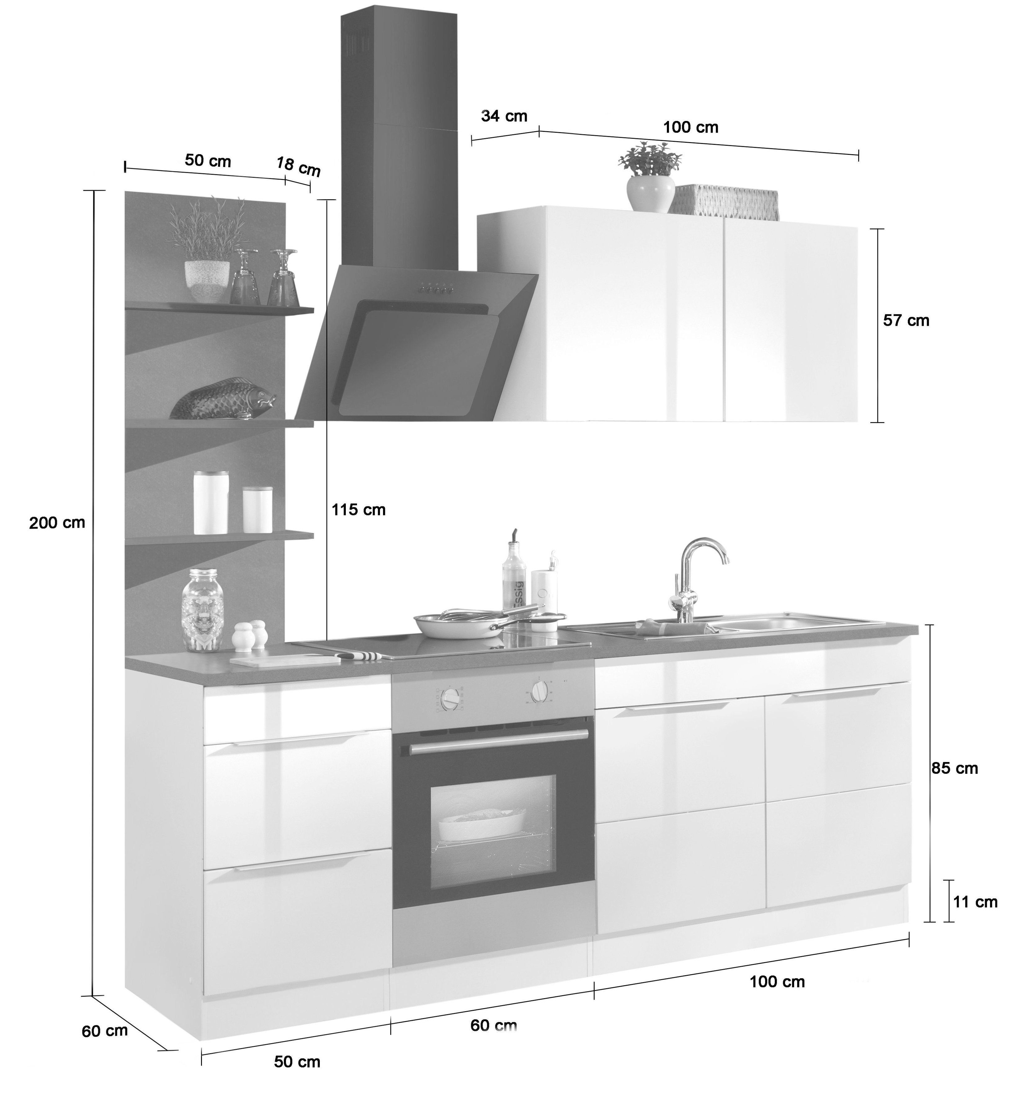 E-Geräten, mit Küchenzeile MÖBEL weiß Breite cm HELD weiß 210 | Brindisi, Hochglanz/weiß