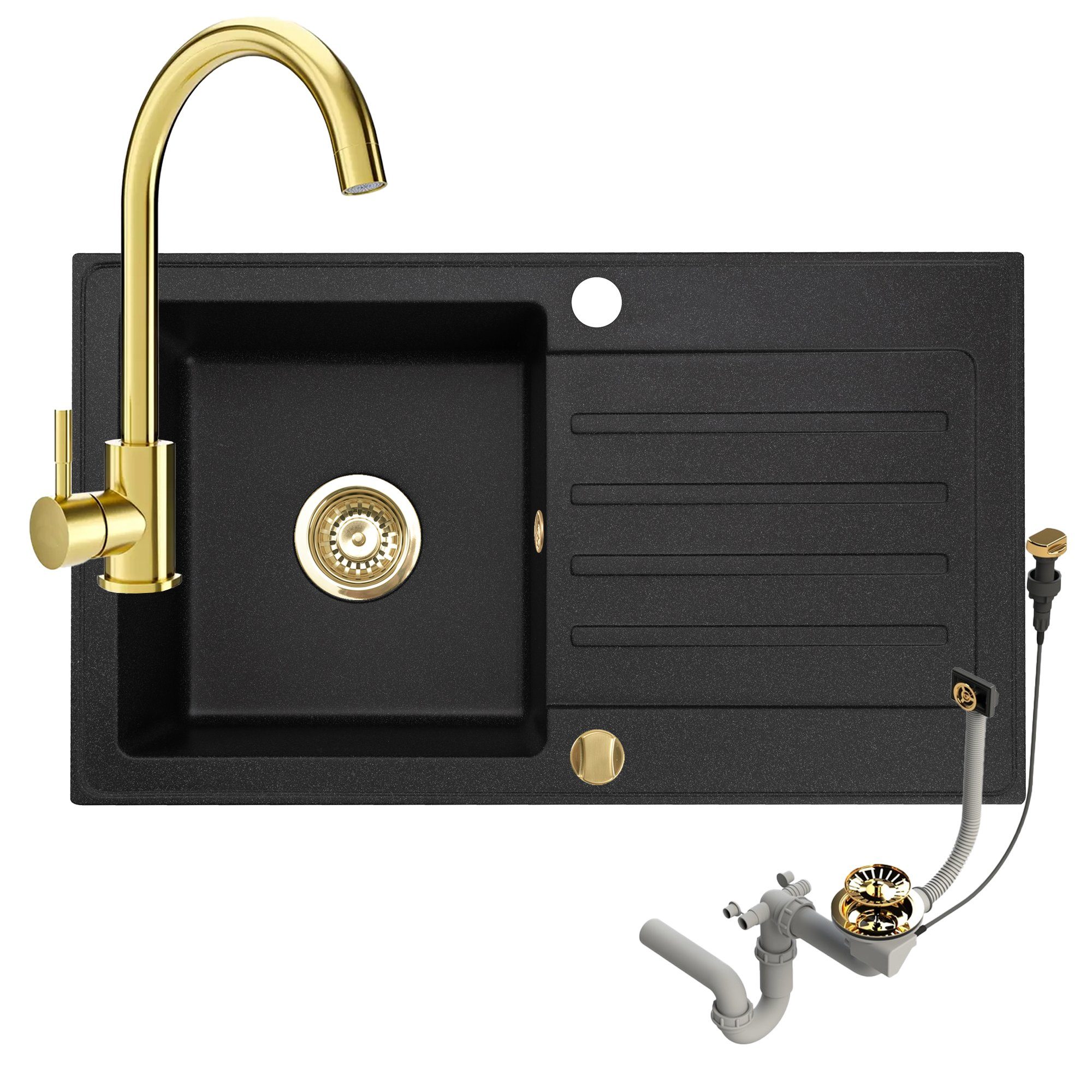 Faizee Möbel Granitspüle Granitspüle 76x44 und Armatur Gold Küchenspüle mit Siphon, Rechteck, 75/45 cm