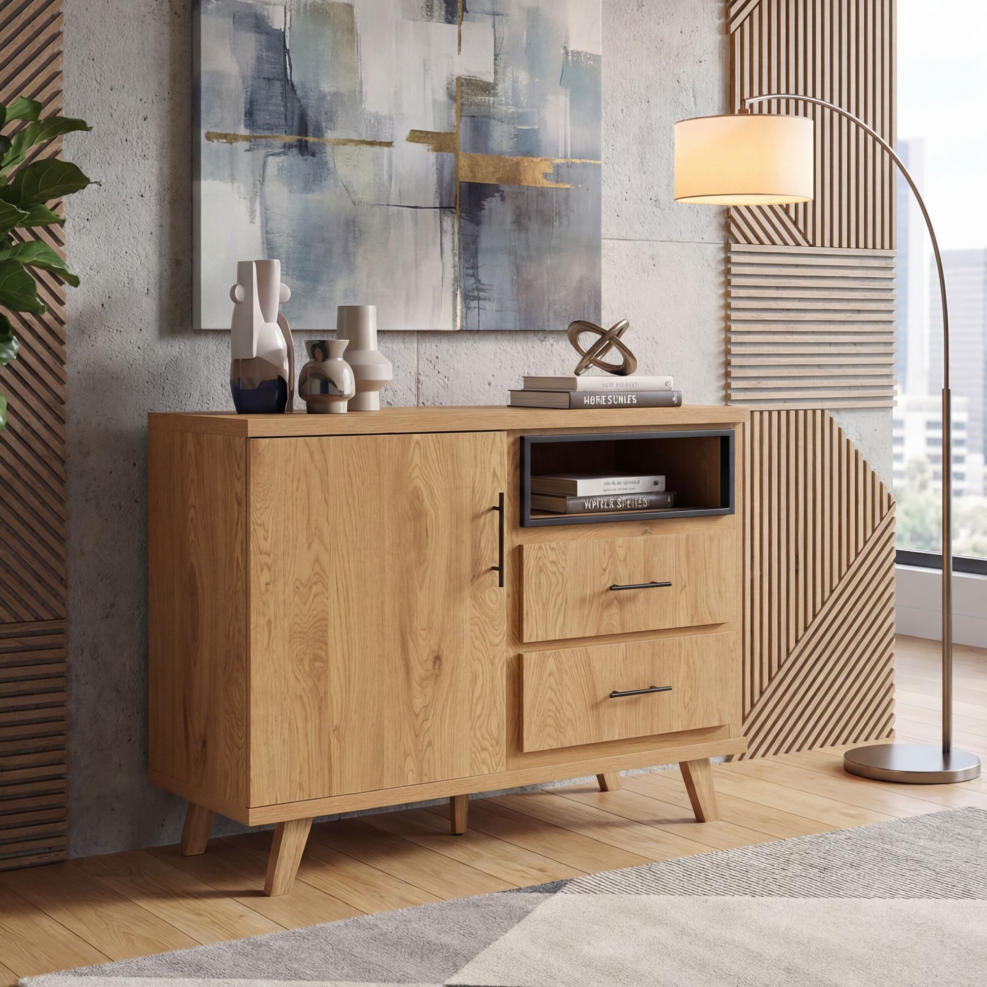FINEBUY Sideboard FB117897 Kommode Eiche Dekor 116cm Standschrank Anrichte Flurschrank (Praktisches Flurmöbel mit zwei Schubladen), Heller Schrank mit einem offenen Fach