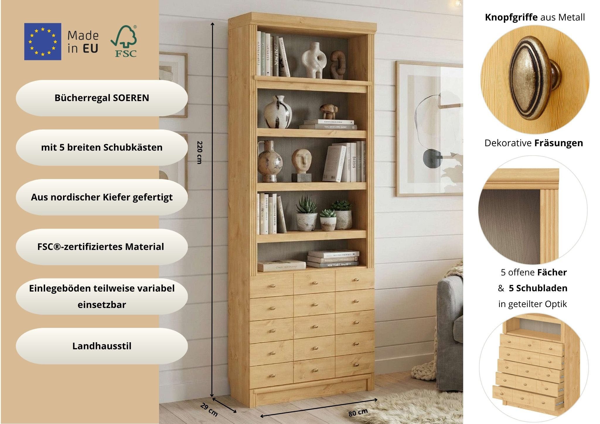 Home affaire Bücherregal Soeren Regal mit 5 breiten Schubkästen in geteilter Optik, T/H: 80/29/220 cm, Kiefer FSC®-zertifiziert, elegante Metallgriffe