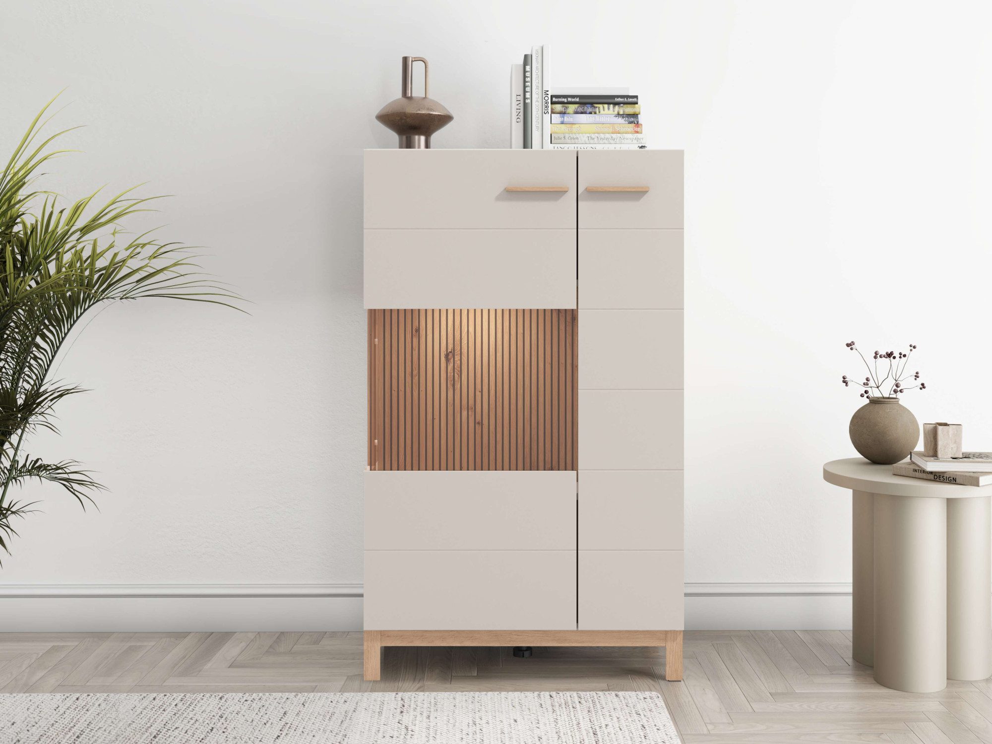 Home affaire Highboard Essex, Hochkommode, Vitrine, Glasvitrine, Kombi-Highboard, Modernes Highboard in Kaschmir mit Glasfront & Lamellen-Optik