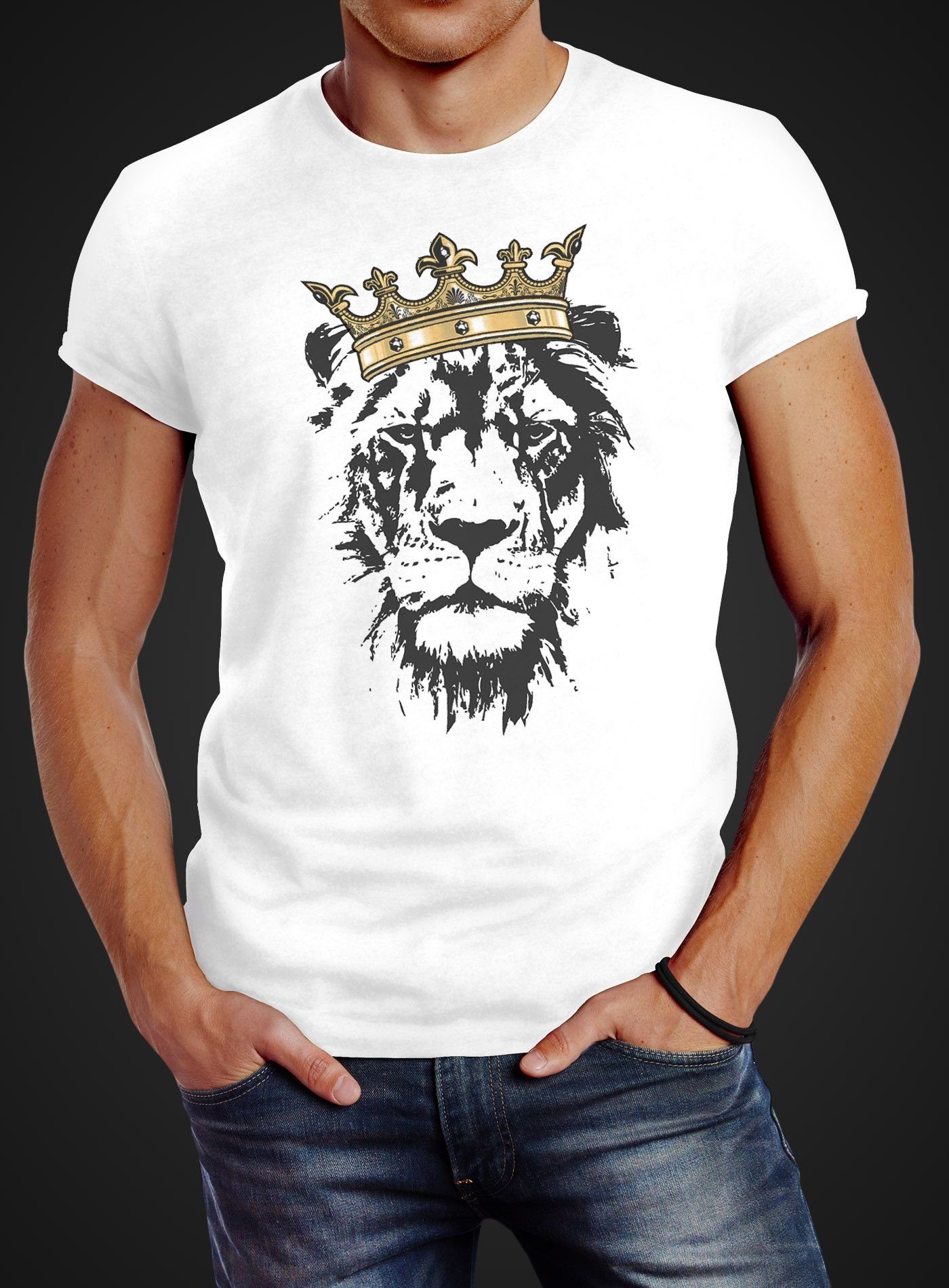 T-Shirt Neverless® Slim Tiere König mit Fit Löwen-Kopf Herren Neverless Krone der weiß mit Print-Shirt Print