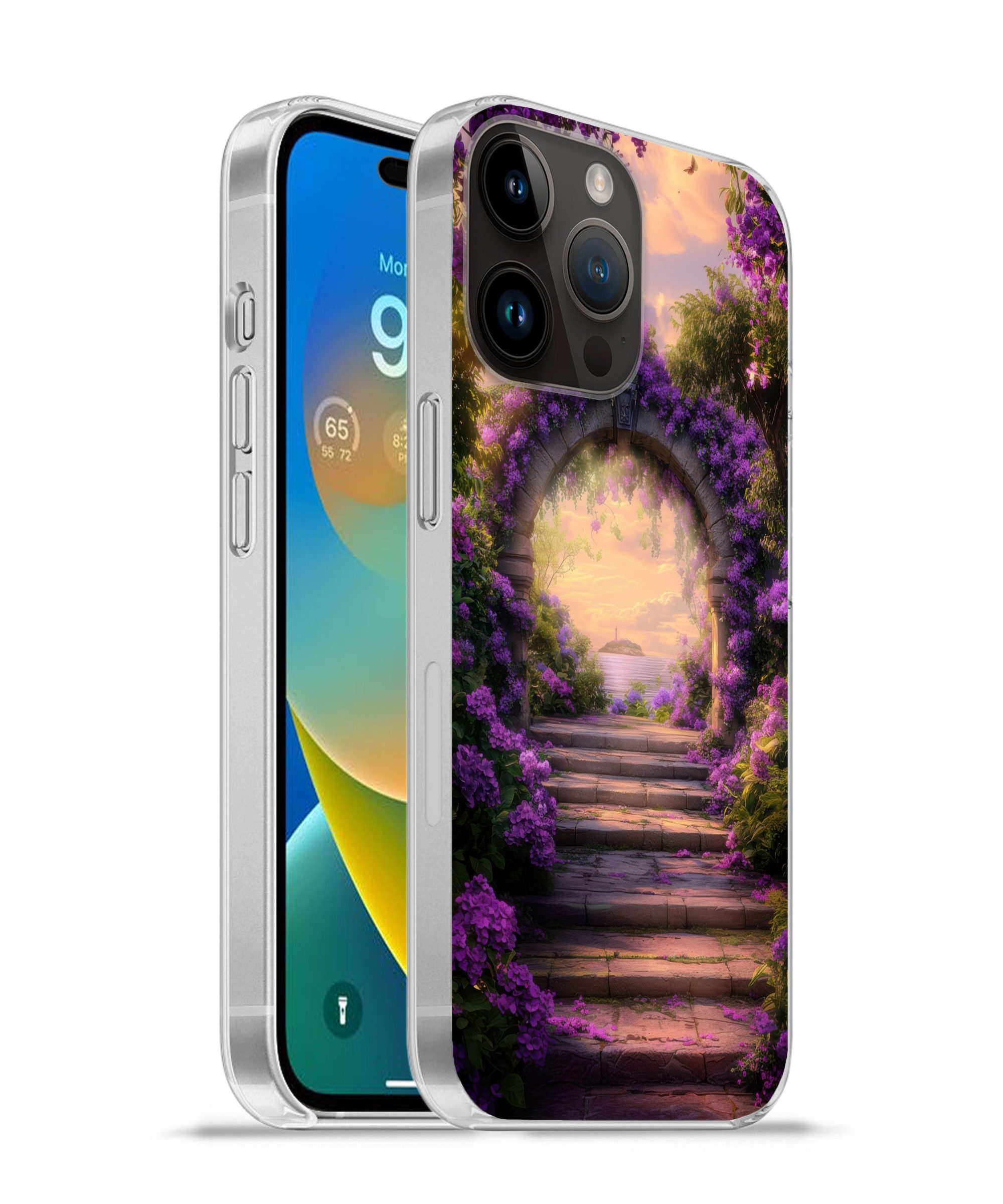 MuchoWow Handyhülle für Apple iPhone 14 Pro Tor - Lila - Blumen, Smartphone-Bumper, Print, Handy Schutzhülle Dünn