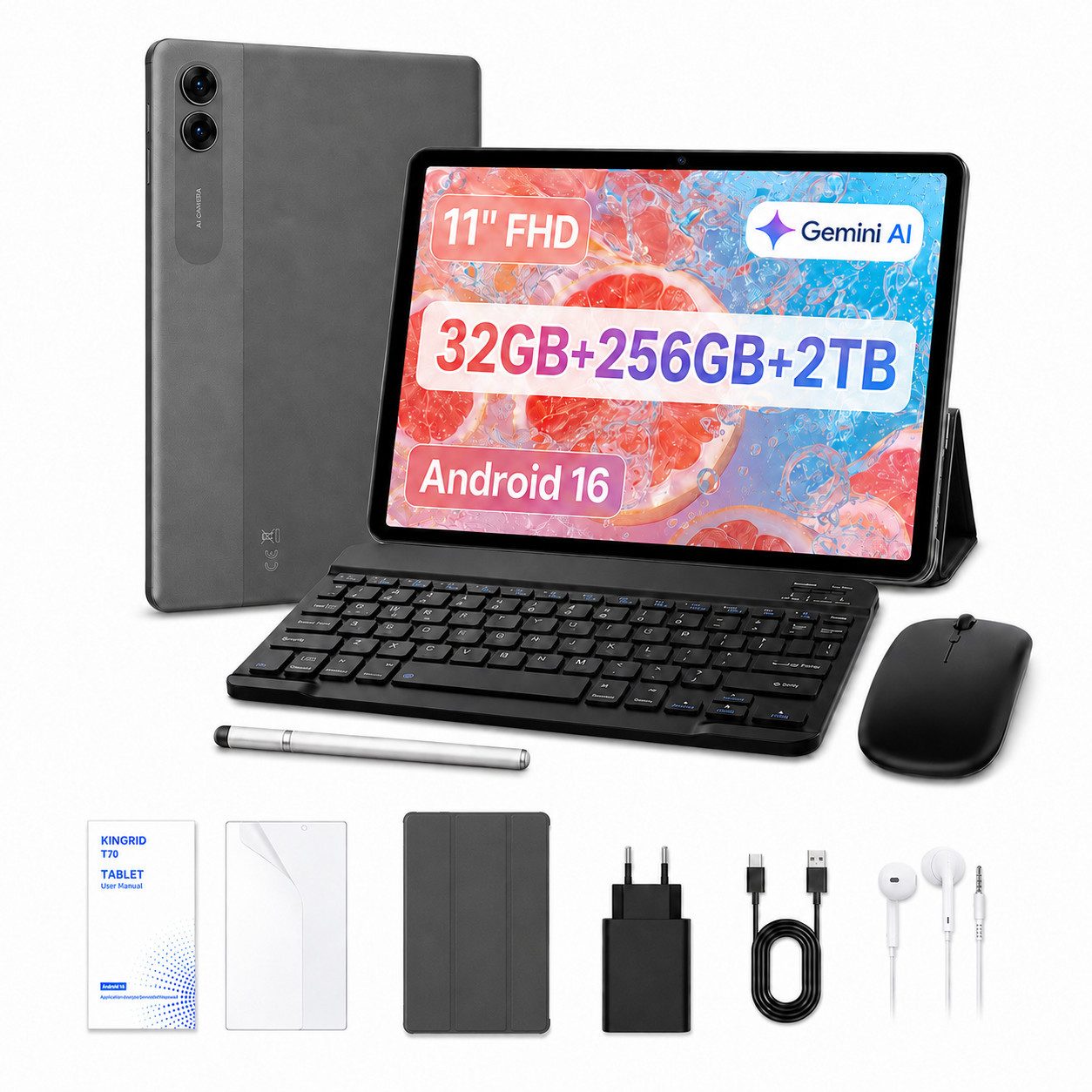 TABWEE T7 11 Zoll Android 16, 256GB, 90Hz, Tastatur-Set Tablet (10.1", 256 GB, Android 16, 8000mAh, octa-core, 32(8+24)GB, Gemini KI, 3,5-mm-Kopfhörer)